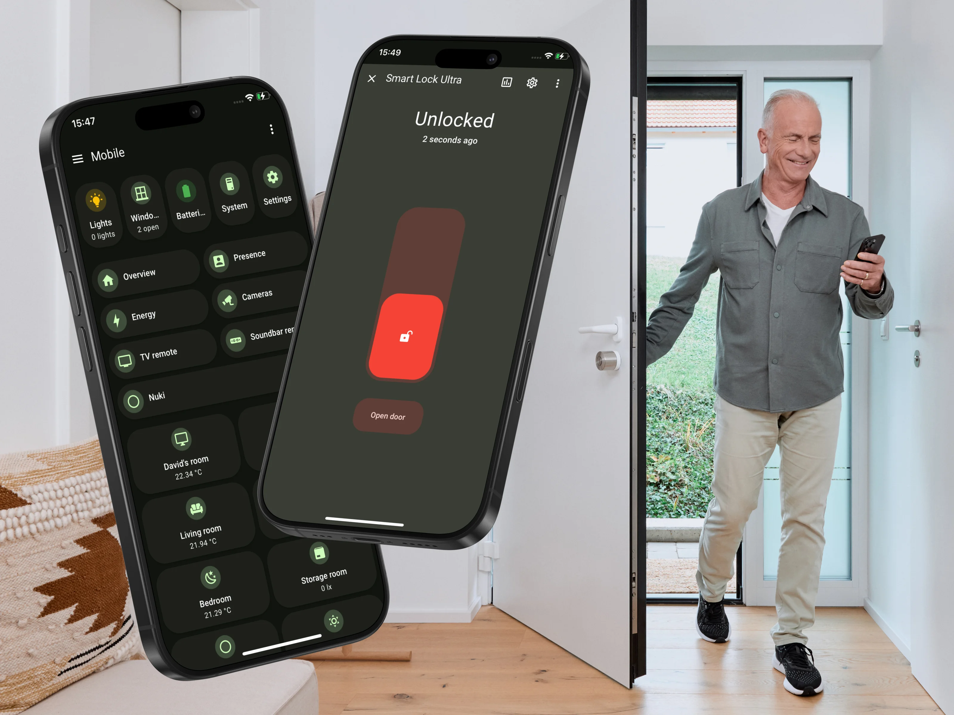 Man enters through a door unlocked via the Nuki Smart Lock Ultra using the Loxone app on his smartphone.