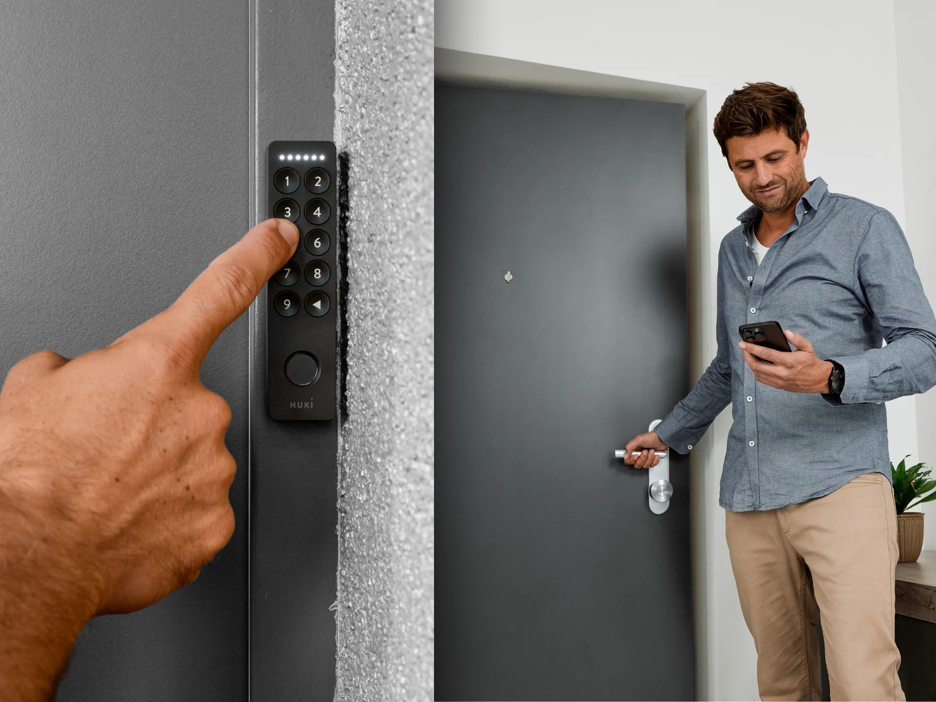 Man on the left entering a code on a Nuki keypad while a man on the right uses a smartphone to open the door.