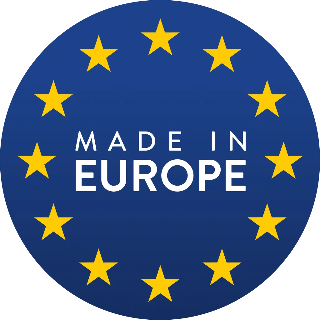 Blue and round Made in Europe Batch with 12 stars framing it.