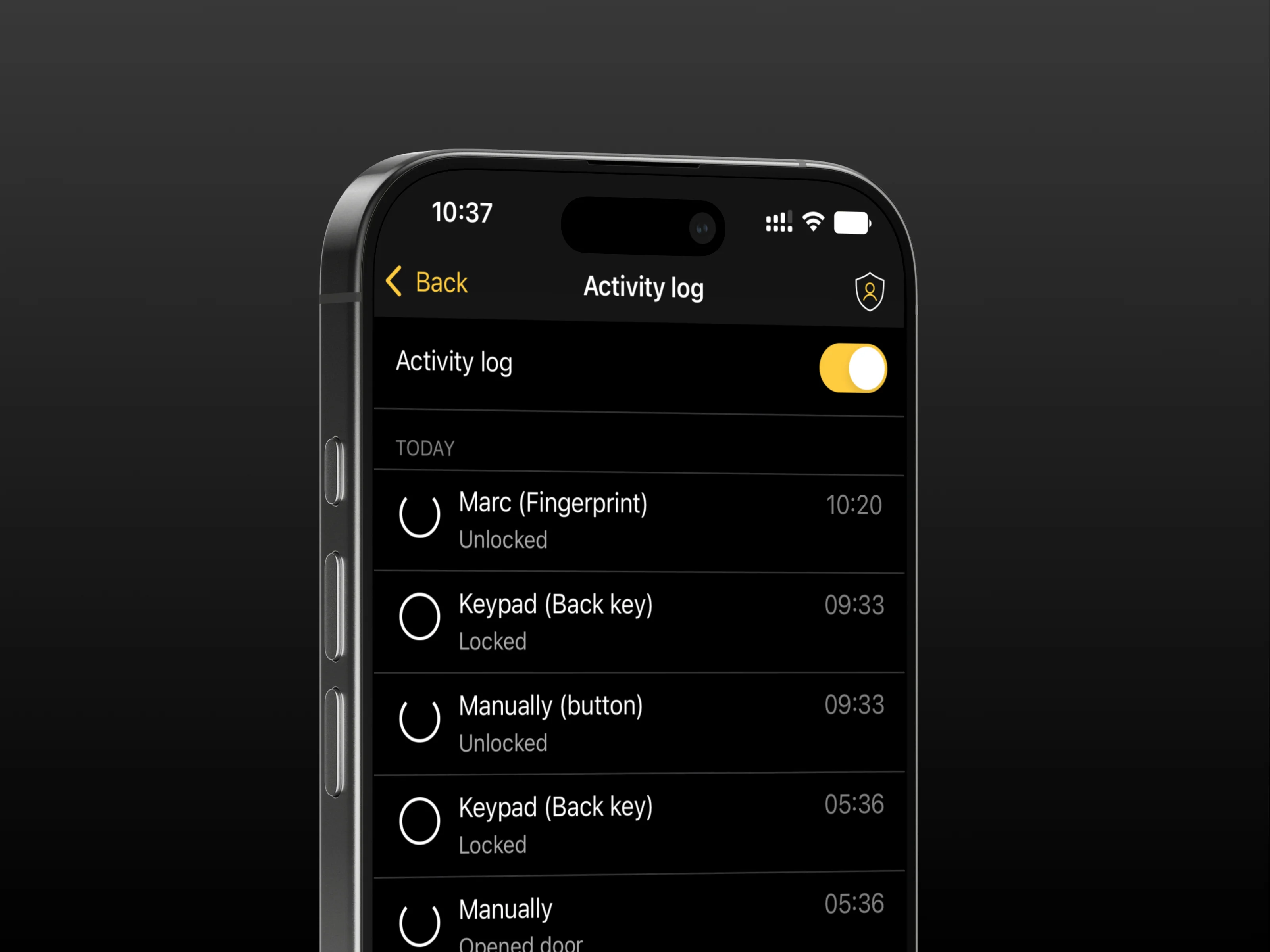 Smartphone screen showing Nuki app activity log with timestamps and entry methods.