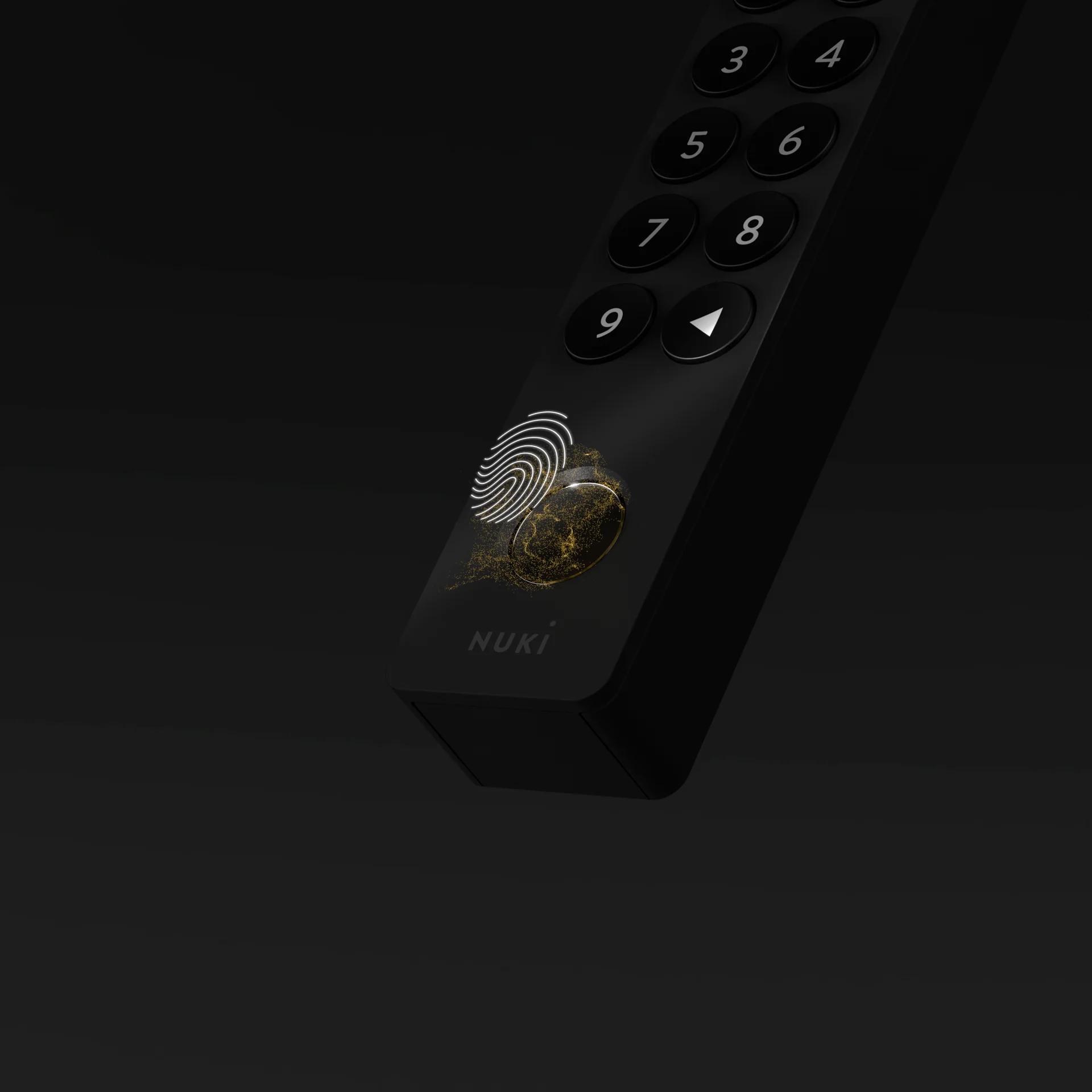 Close-up of Nuki keypad with illuminated fingerprint sensor on sleek black background.