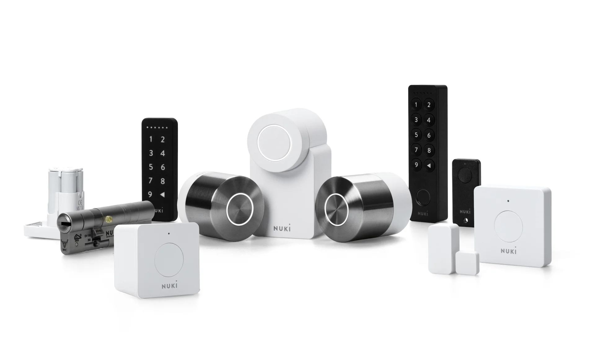 A complete lineup of Nuki smart access devices, including Smart Locks, keypads, sensors, and bridges.
