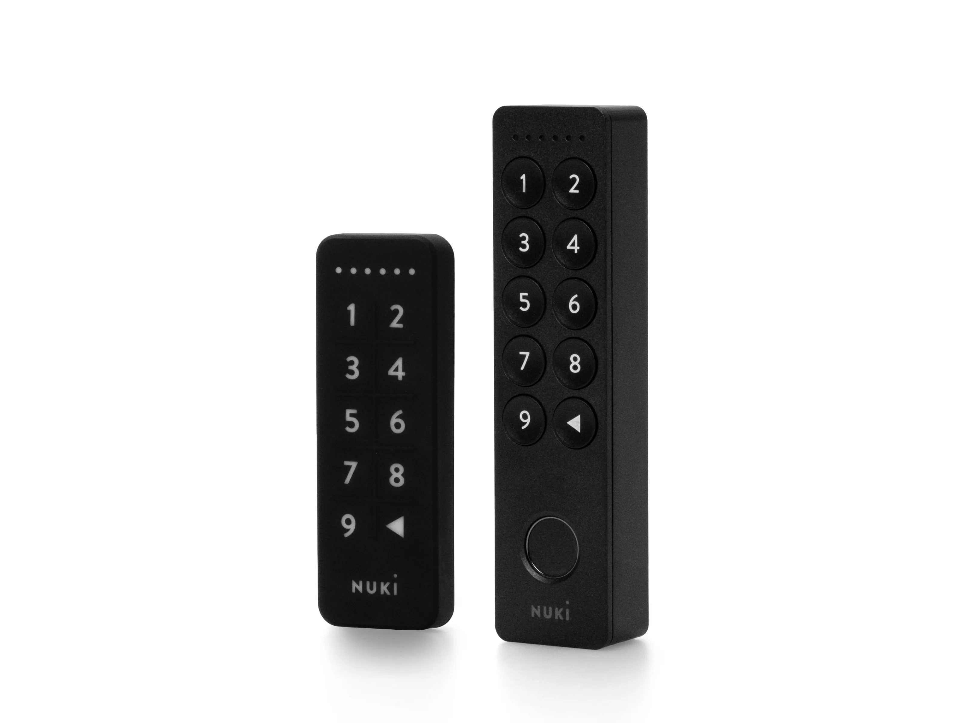 The Nuki Keypad and Keypad 2 lined up in front of a white background.