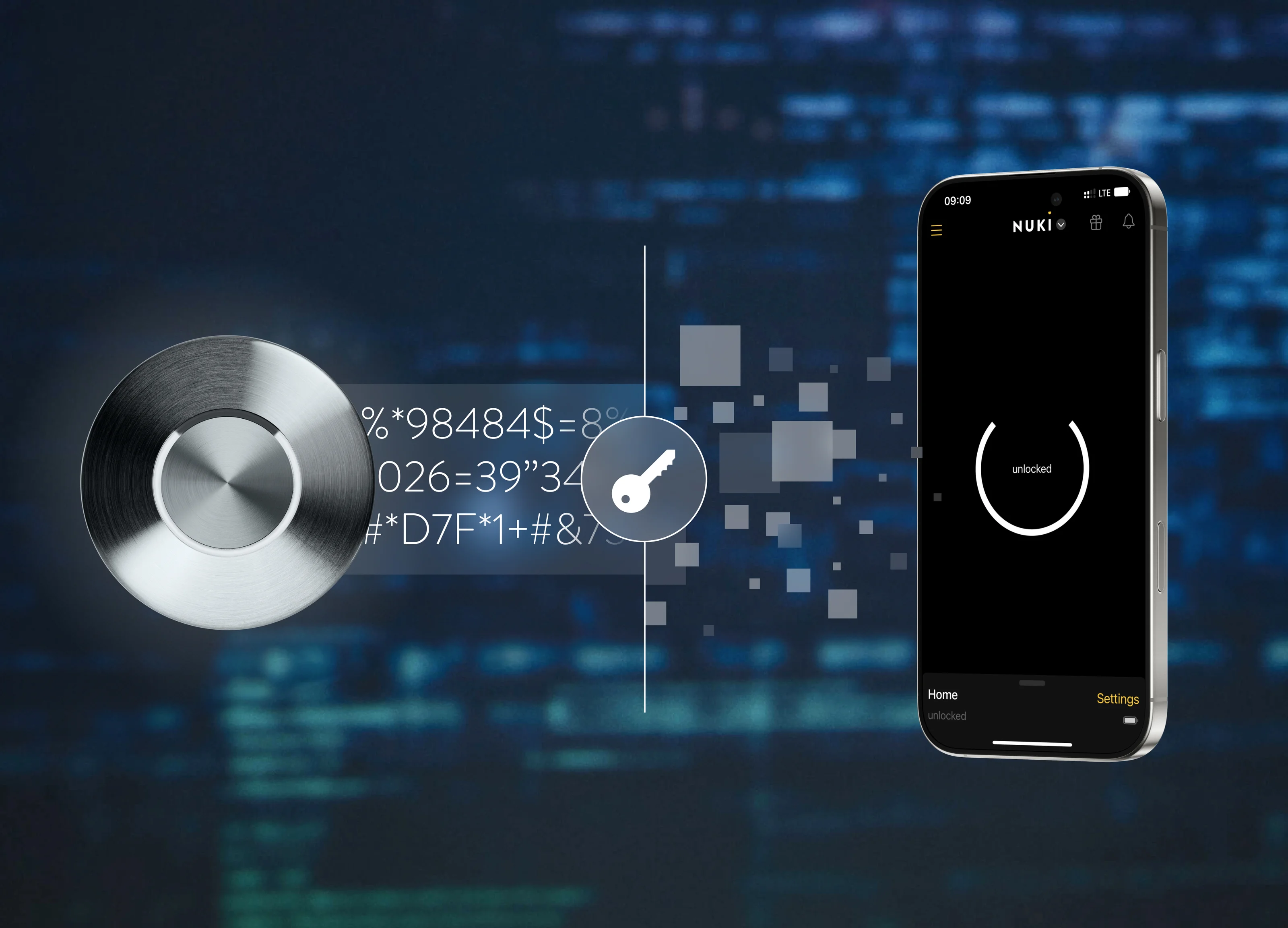 Encrypted connection between the Nuki Smart Lock and the smartphone shown in a digital graphic.