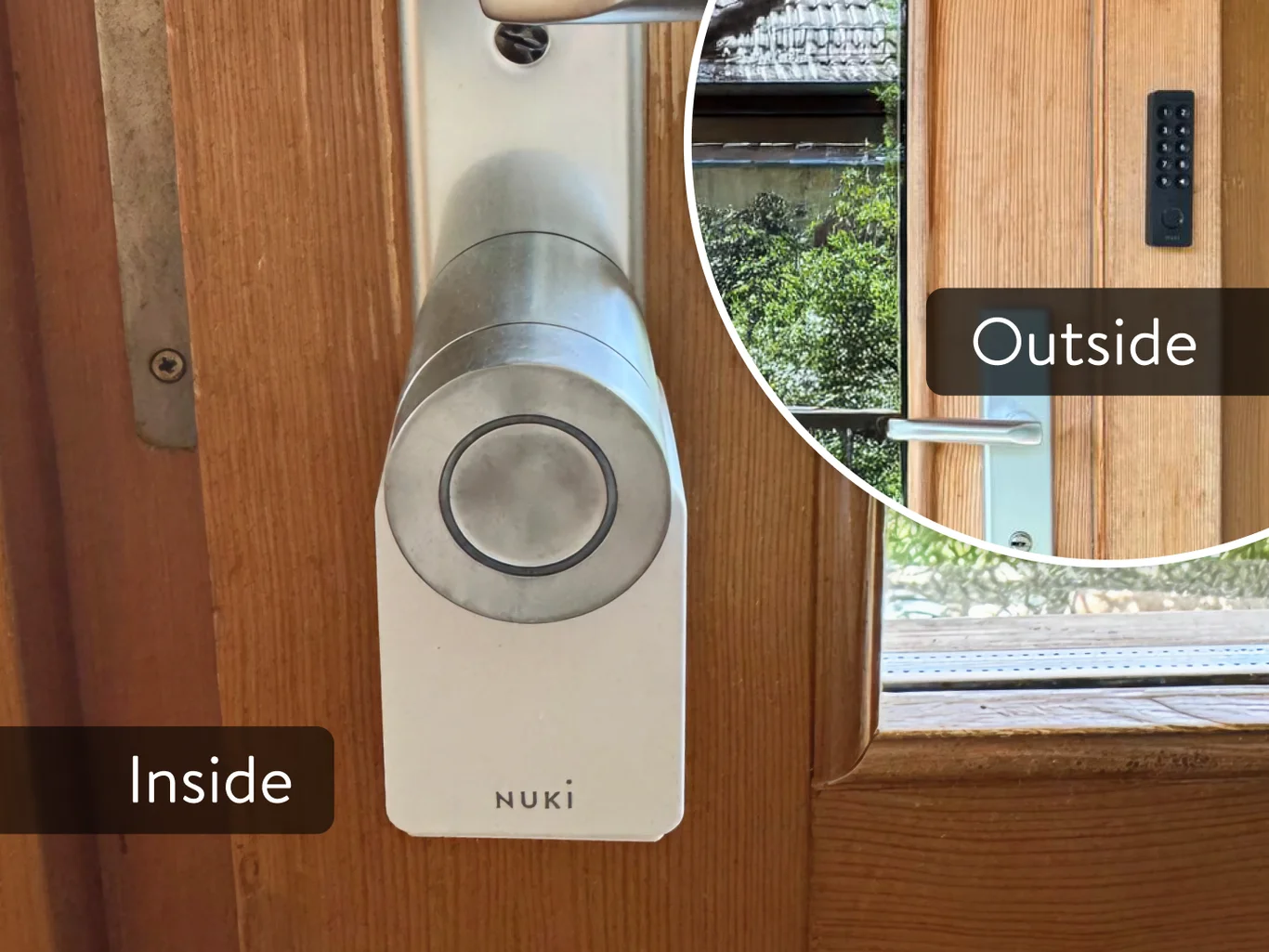 A Nuki Smart Lock mounted on a wood door on the inside, with an image detail of the outside view