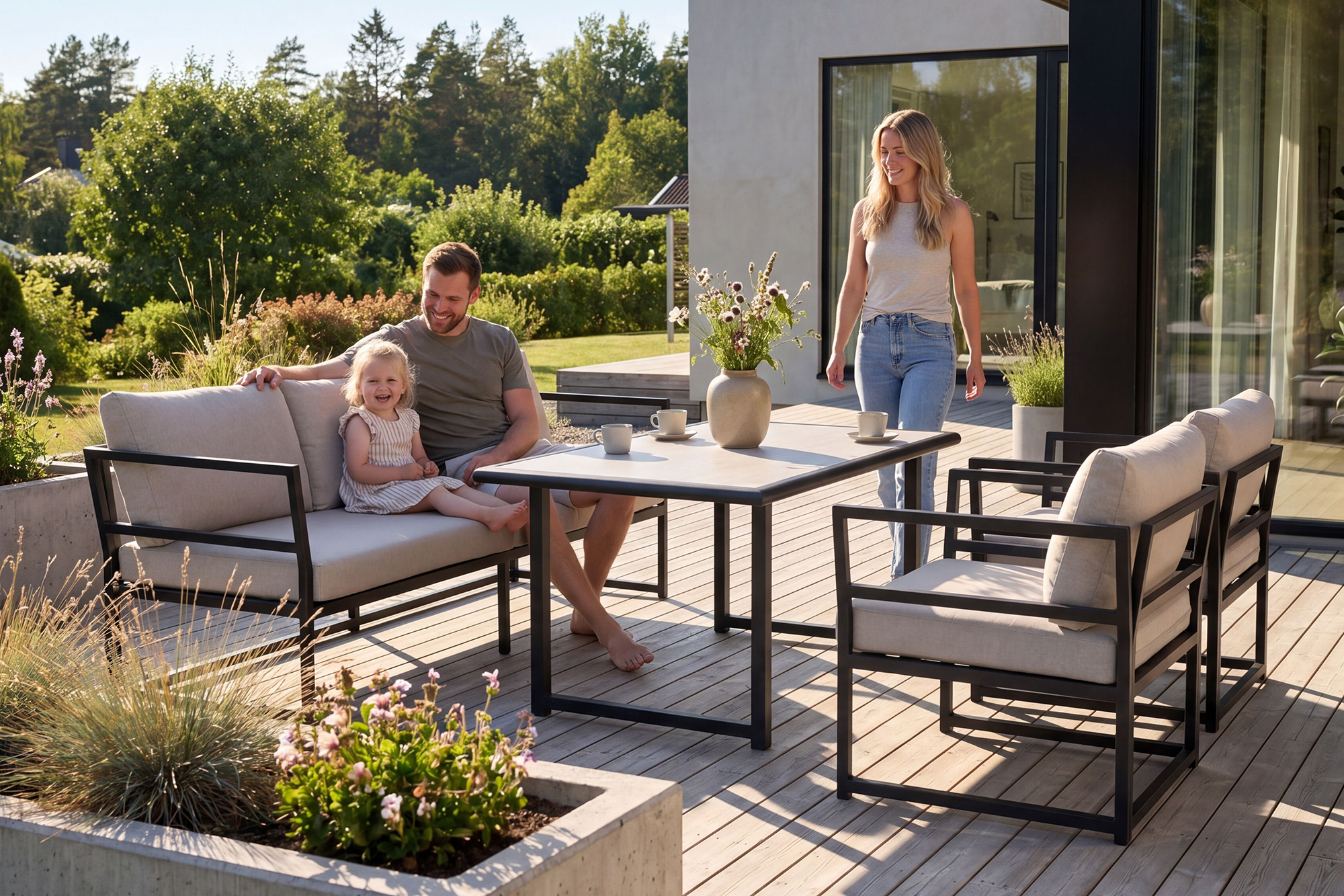 Stockholm Hagesofa 3+1+1 med bord koks aluminium og Natur Pute