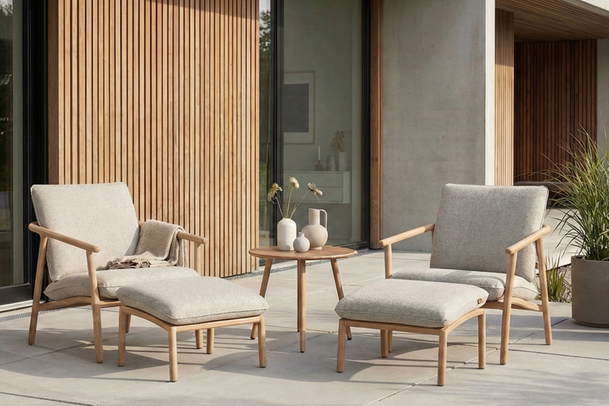 Lind rundt lounge bord D60x46 med Teak OakShield aluminium bordplate og bein