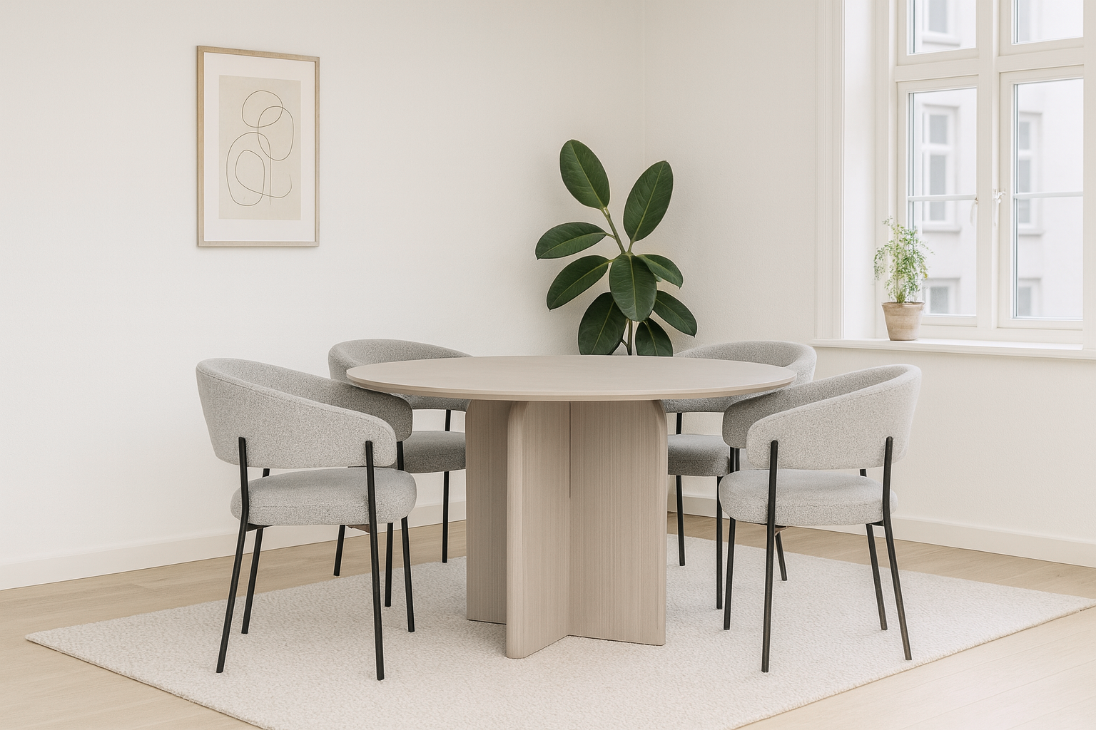Reidar spisegruppe D120 naturgrå med Lea spisestoler offwhite