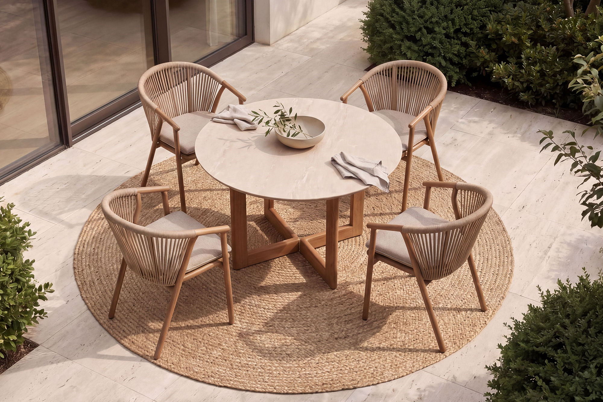 Une rundt uttrekk Spisebord D110-214(442)xH75cm Teak Oakshield aluminium 2 Travertine Natur Sinterstone ileggsplater