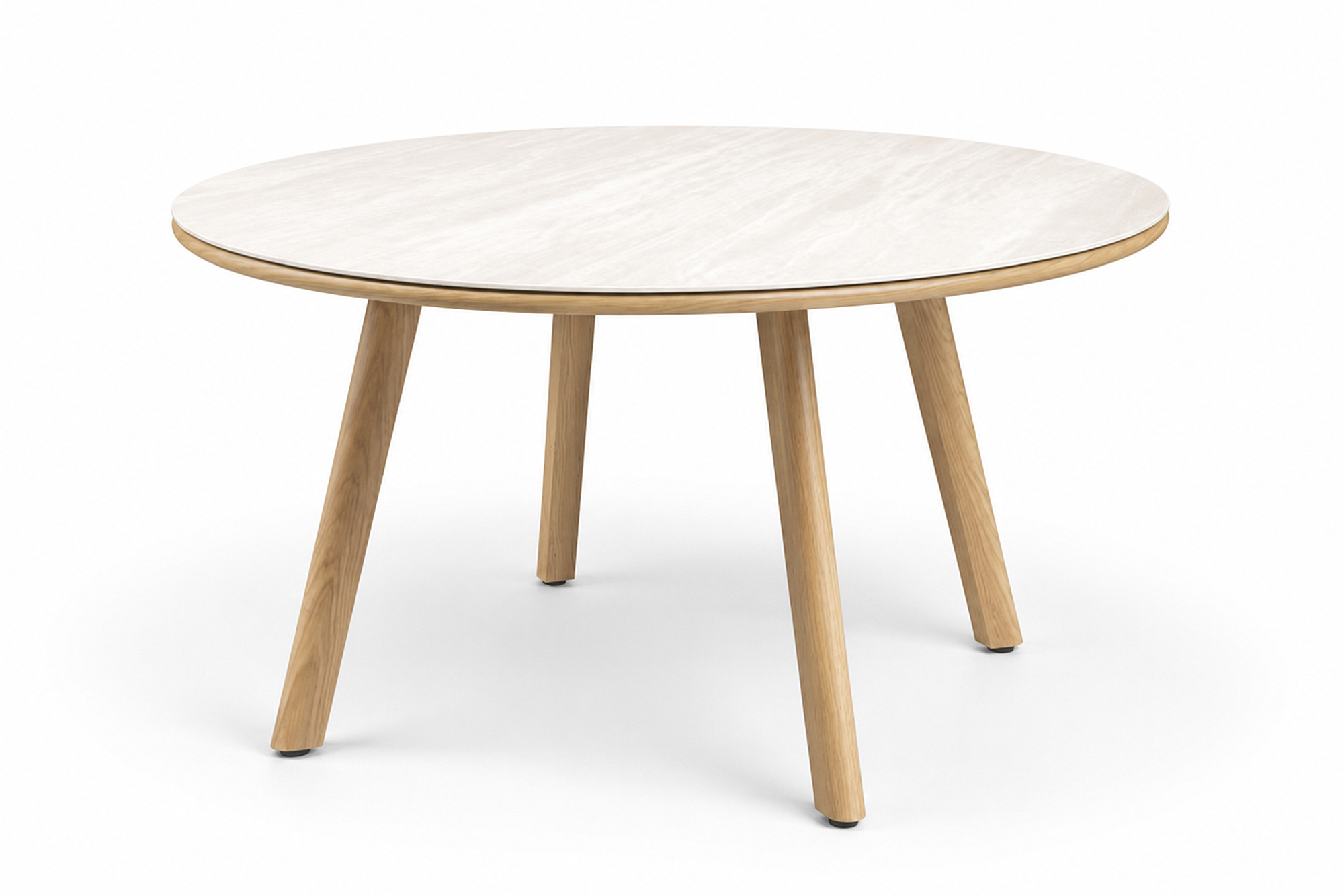 Lind rundt Spisebord D130x72 med Teak OakShield aluminium og travertine nature sinterstone topp