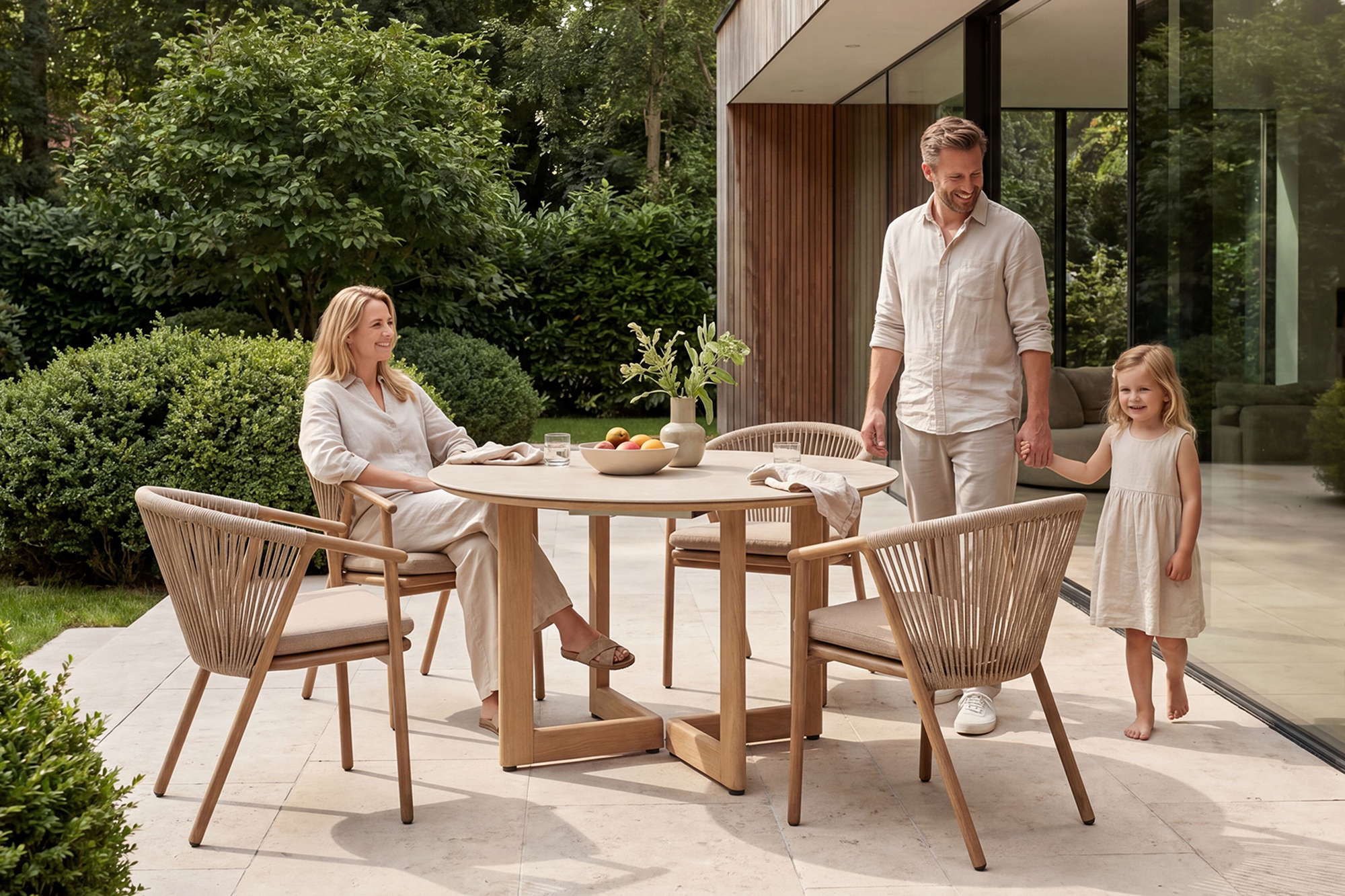 Une rundt uttrekk Spisebord D110-214(442)xH75cm Teak Oakshield aluminium 2 Travertine Natur Sinterstone ileggsplater