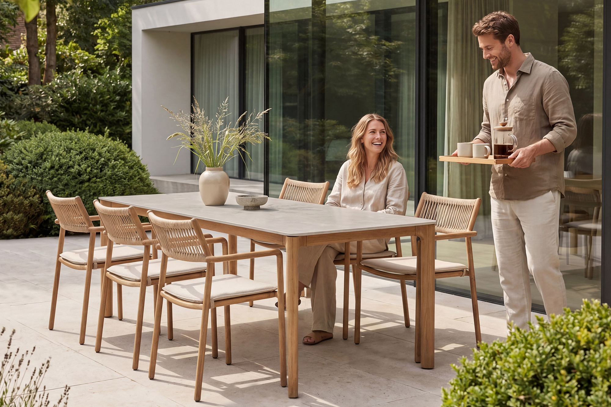 Thor spisegruppe 180x90 med 6 Thor spisestoler-natur beige sunfab