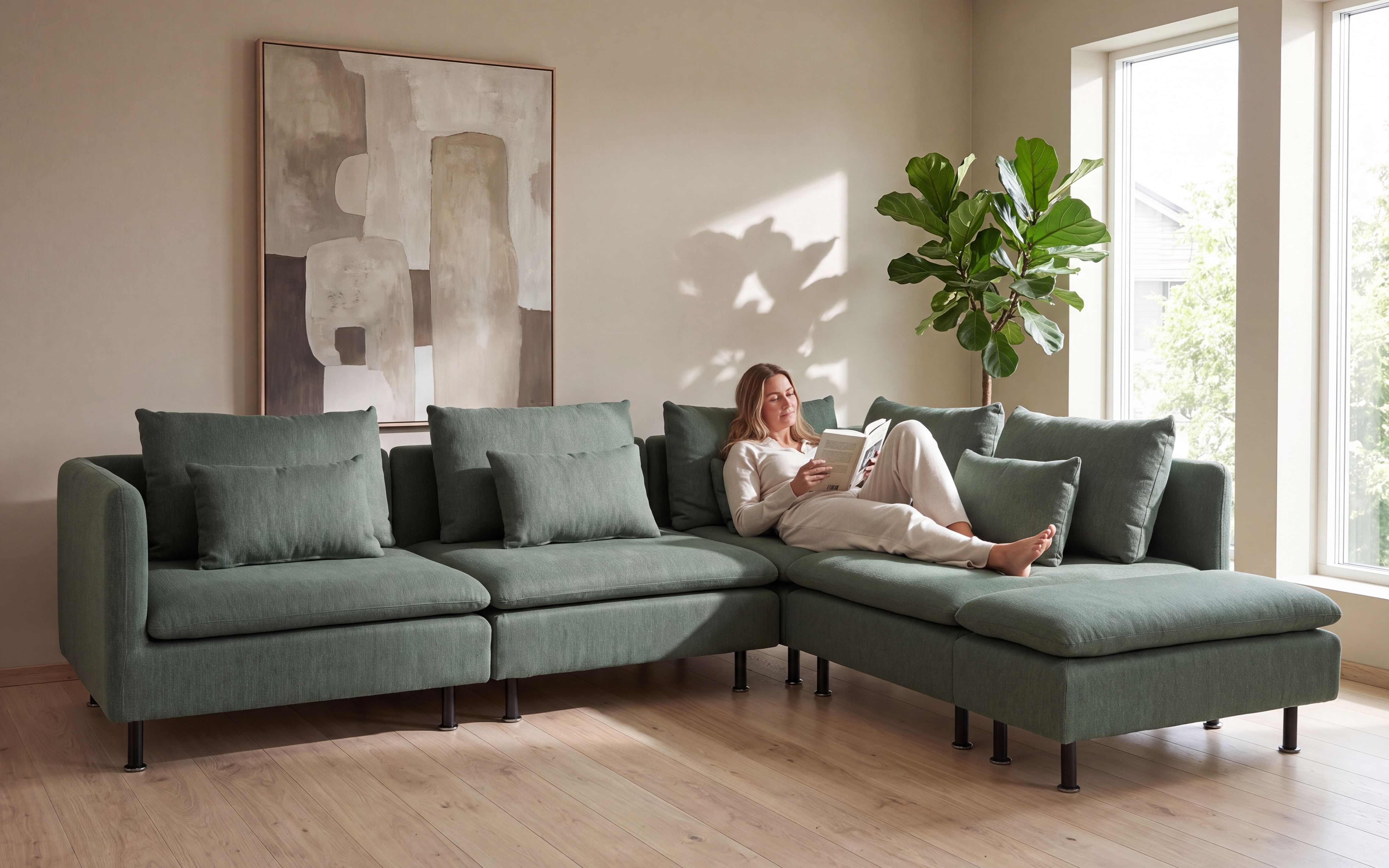 Alma Hjørnesofa med Sjeselong grønn 289x236 - bilde 1