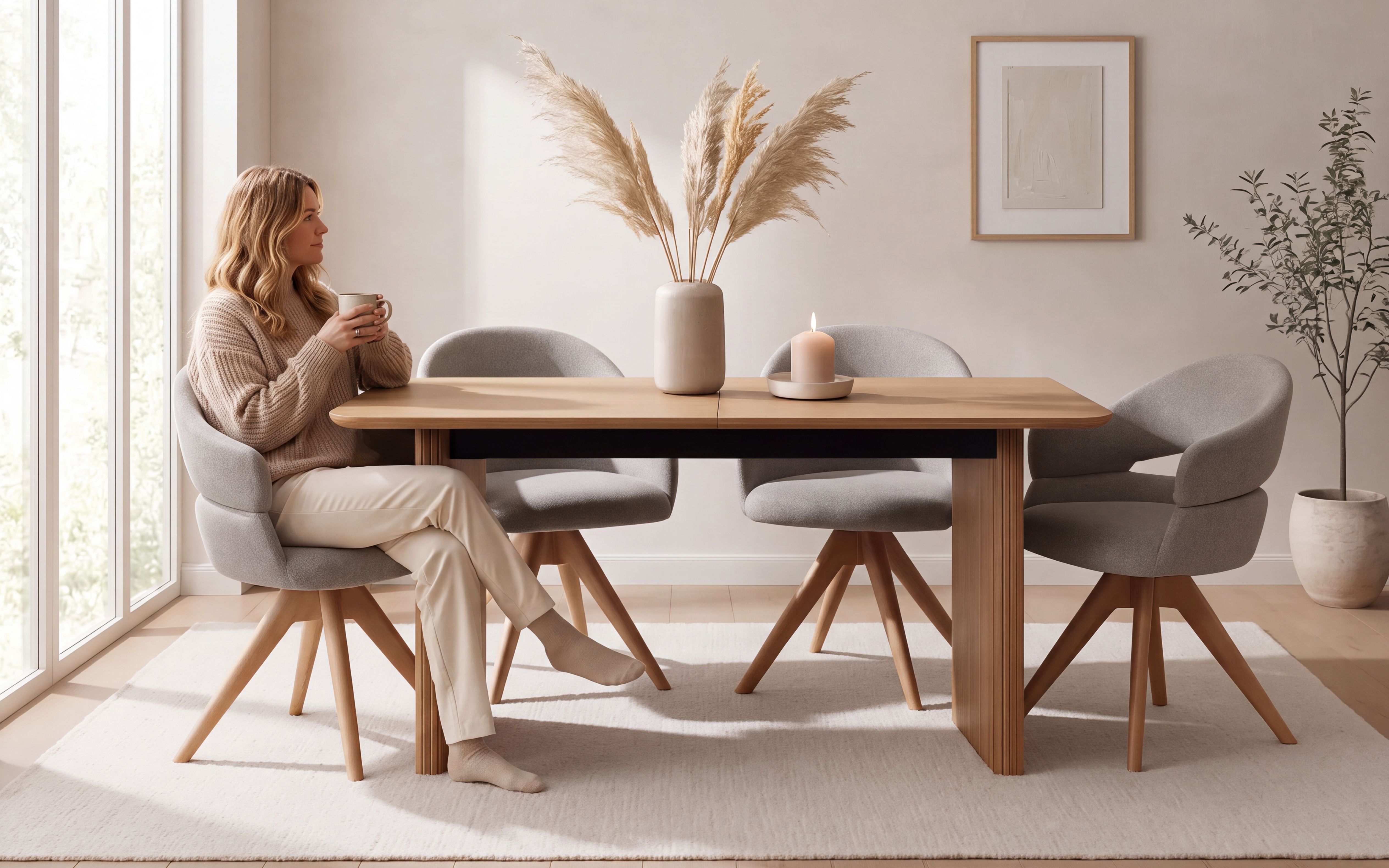 Birk spisegruppe 160-205cm natur med Vera spisestoler grå