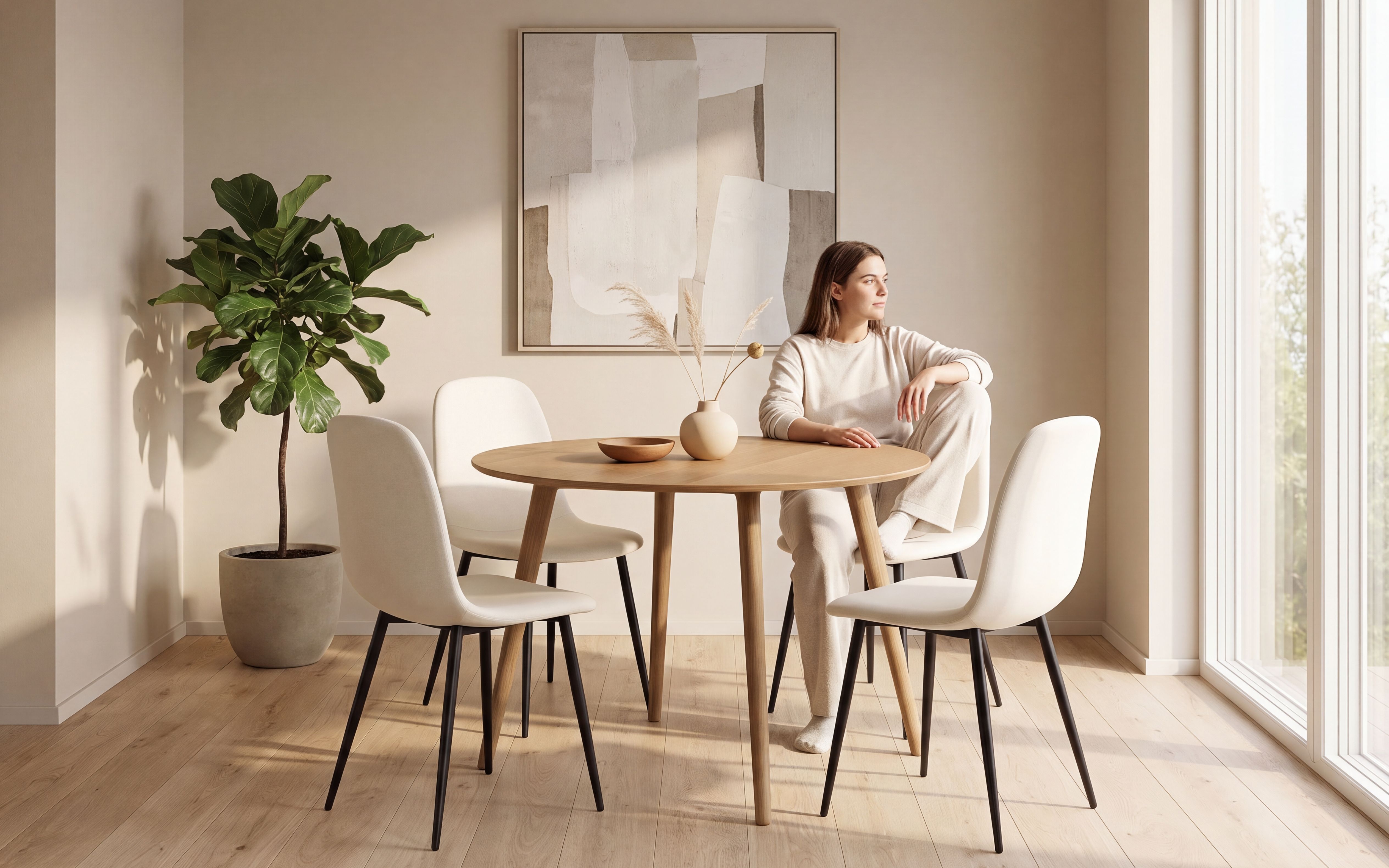 Linnea rund spisegruppe D100-180 natur med Lykke spisestoler i beige