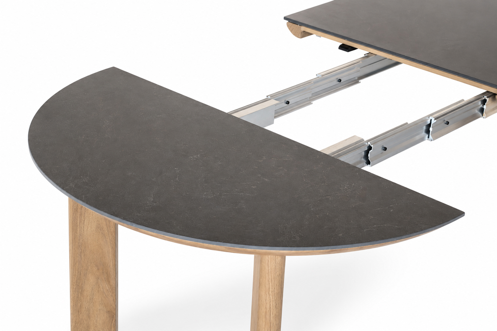 Une rundt uttrekk Loungebord D80-182xH55cm Teak Oakshield aluminium bordplate Varmgrå Granitt Sinterstone 2 ileggsplater miniatyr 7