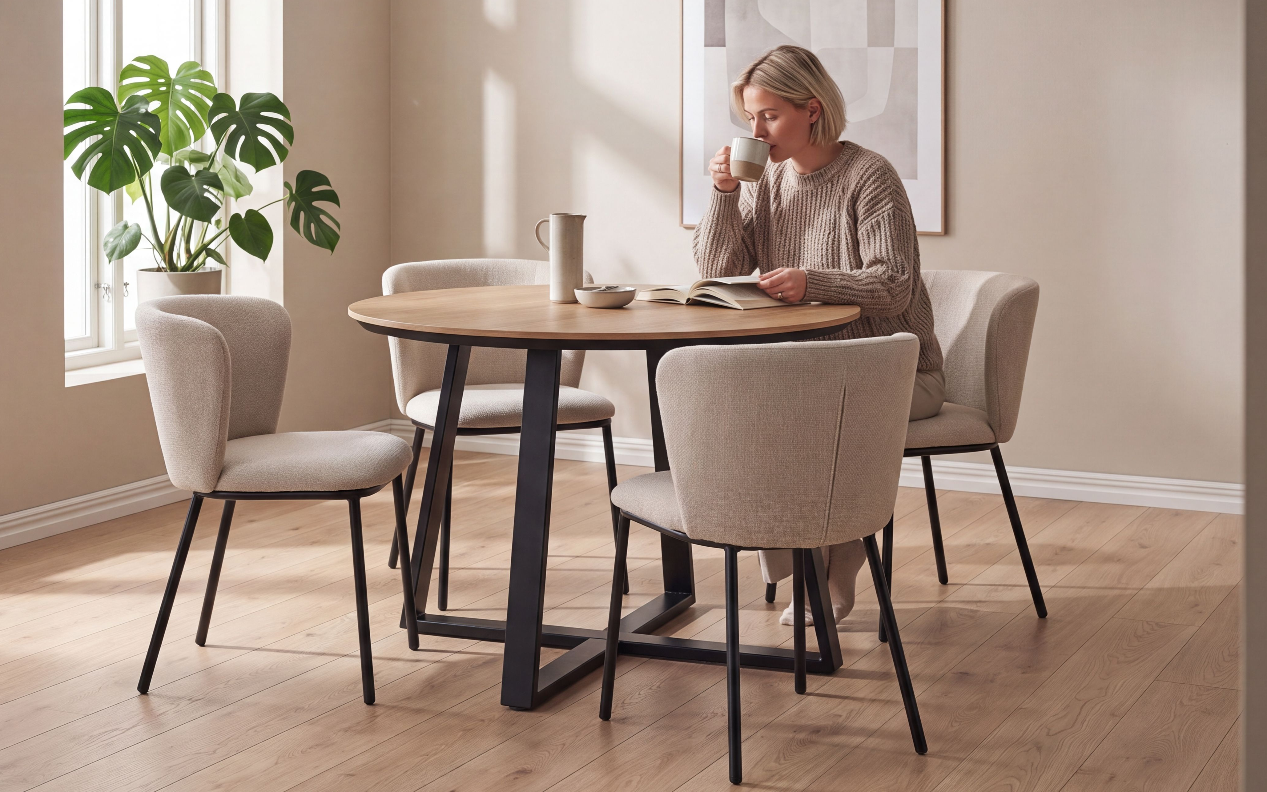 Melania spisegruppe D120 natur med Lovisa spisestoler beige