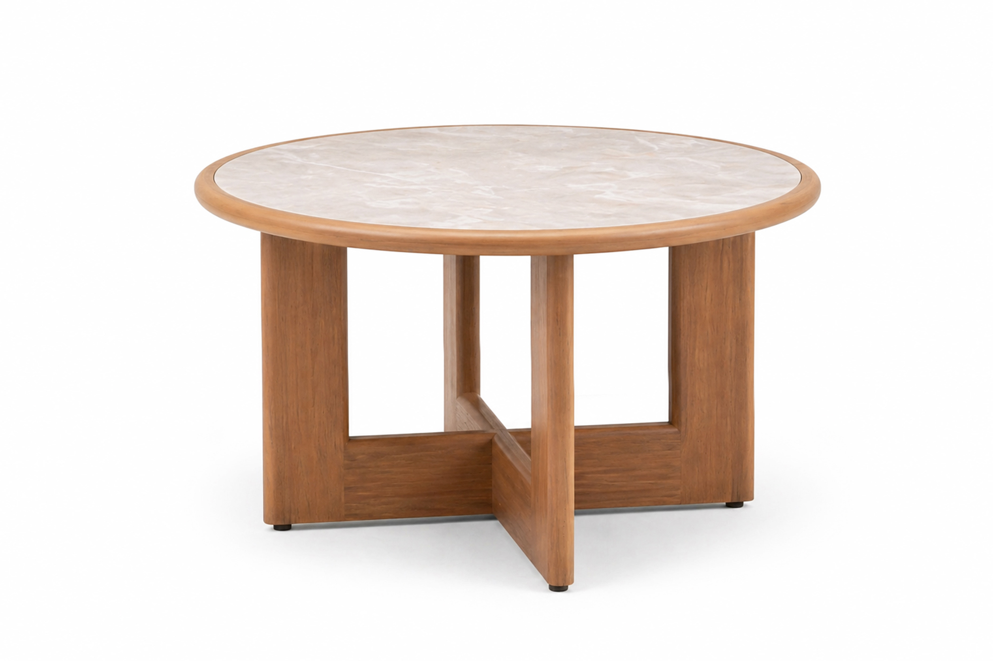Camilla Rundt Loungebord D90 x H52cm Oakshield aluminium med travertine natur sinterstone bordplate