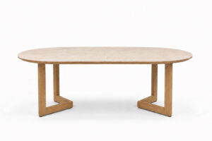 Une rundt uttrekk Spisebord D110-214(442)xH75cm Teak Oakshield aluminium 2 Travertine Natur Sinterstone ileggsplater