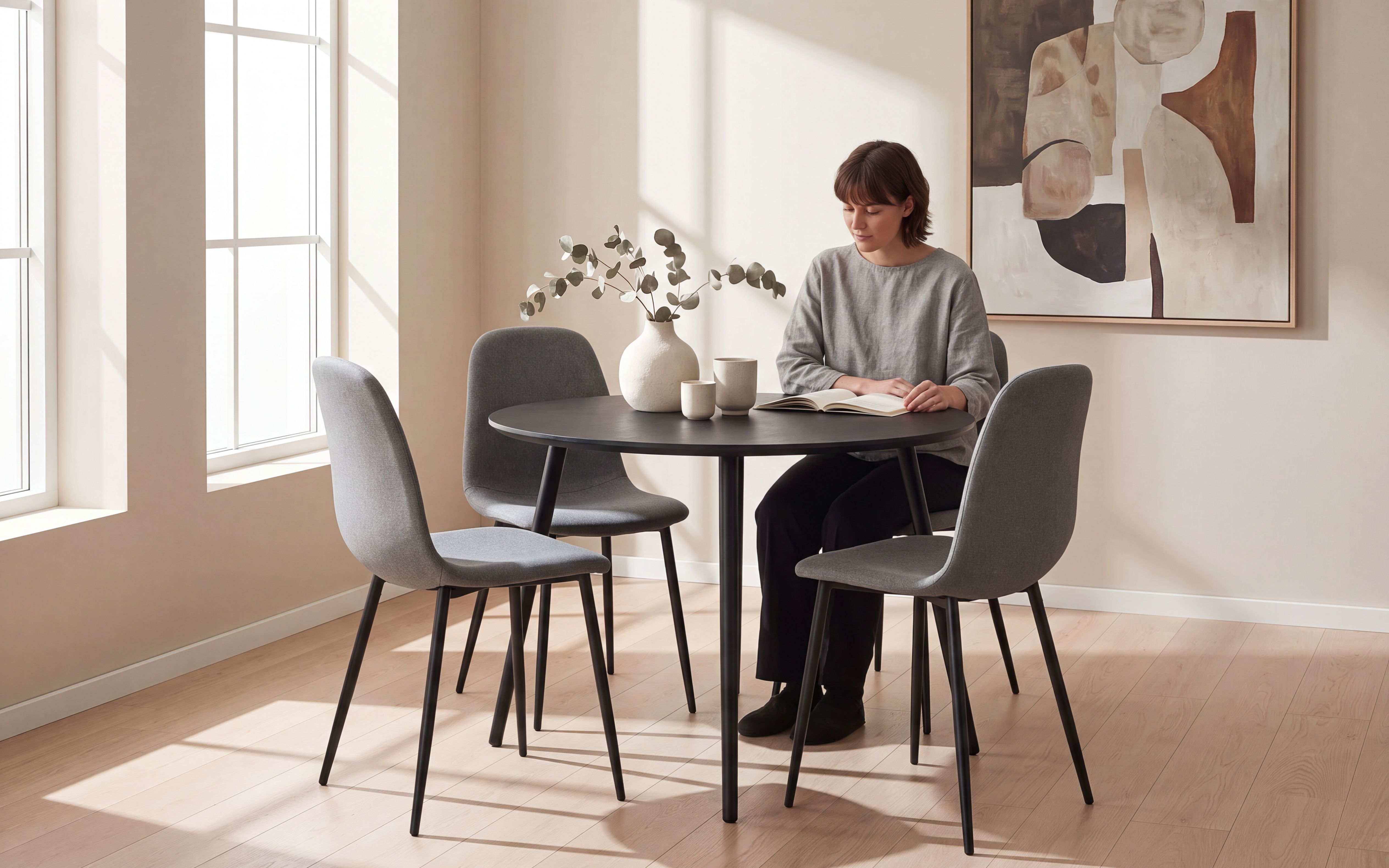 Linnea rund spisegruppe D100-180 sort med Lykke spisestoler i antrasitt