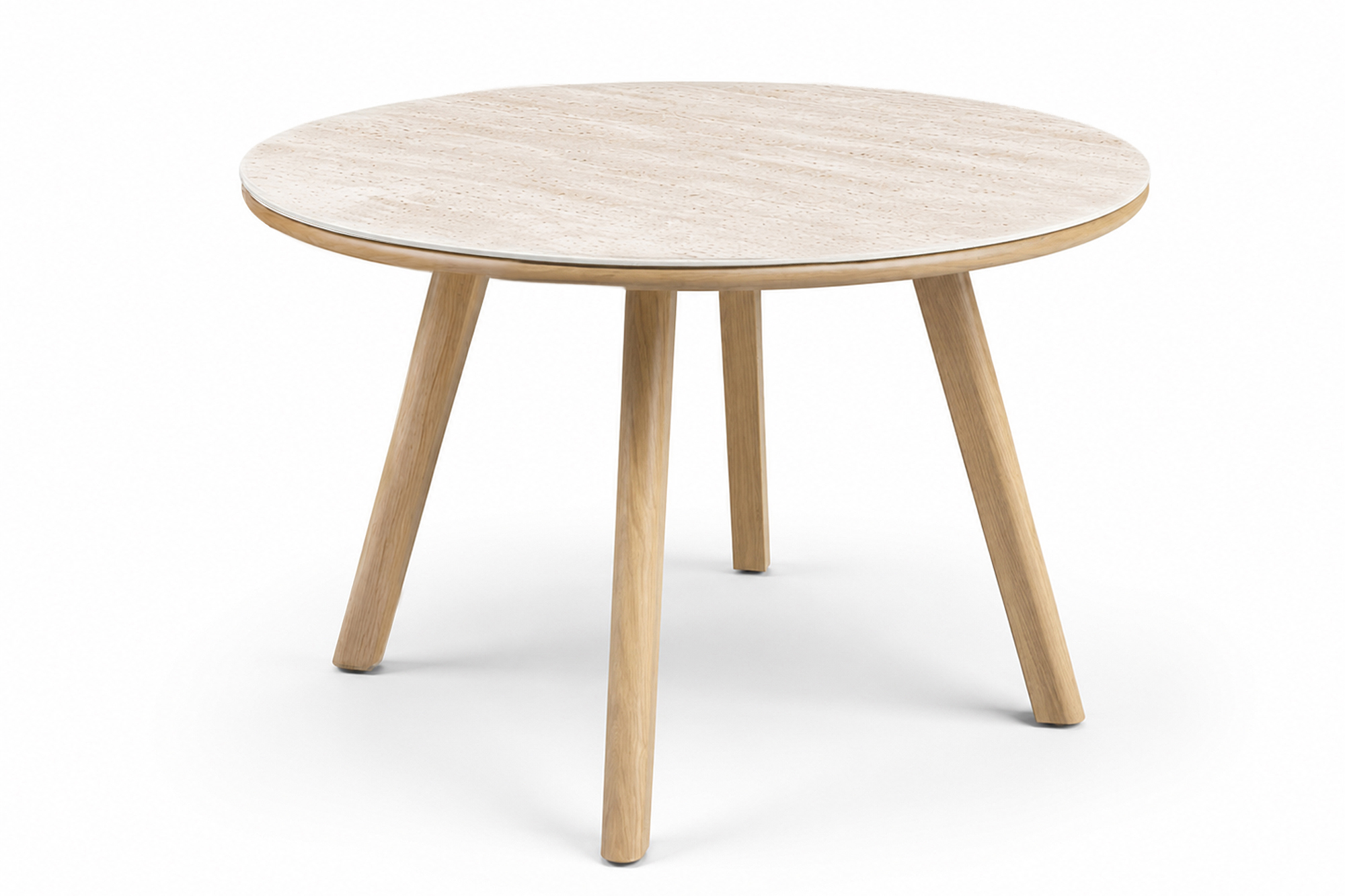 Lind rundt Spisebord D110x72 med Teak OakShield aluminium og travertine nature sinterstone topp