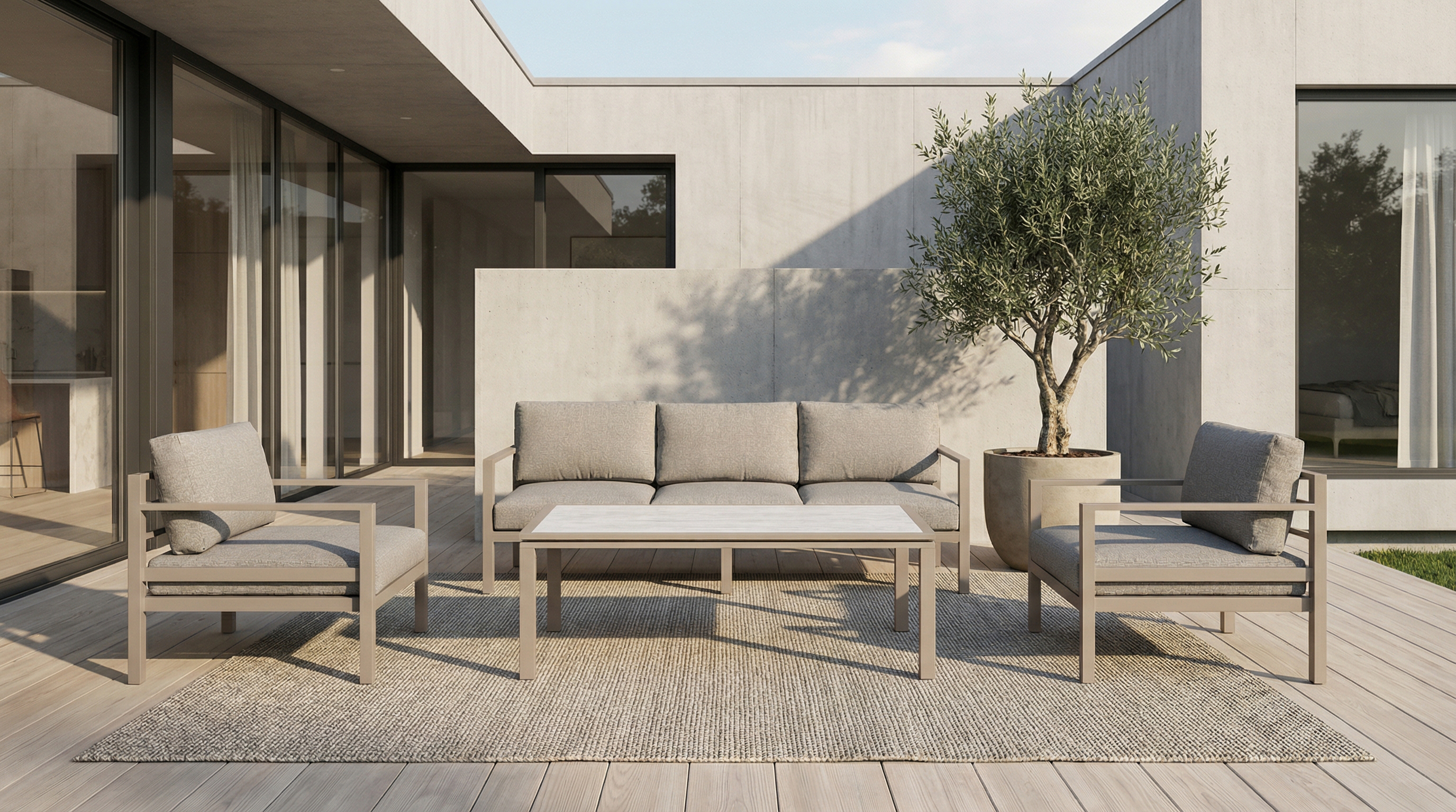 Adelaide Sofa Hagegruppe 3+1+1 Muskat aluminium Mørk Natur puter