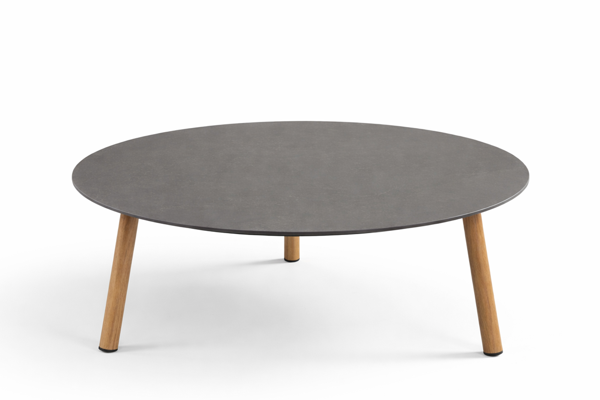 Lind rundt Lounge bord D90x32cm med Teak Oakshield aluminium ramme og svart Sinter stone bordplate