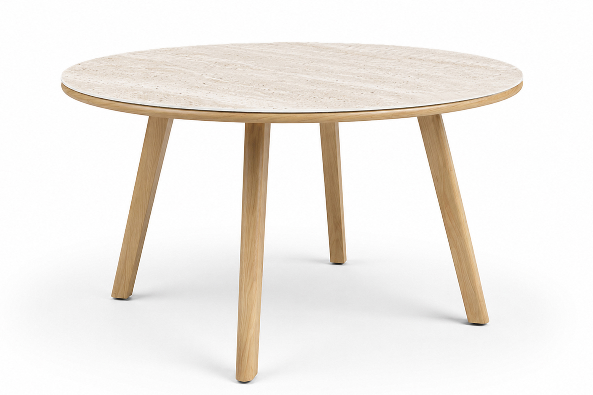 Lind rundt Spisebord D130x72 med Teak OakShield aluminium og travertine nature sinterstone topp