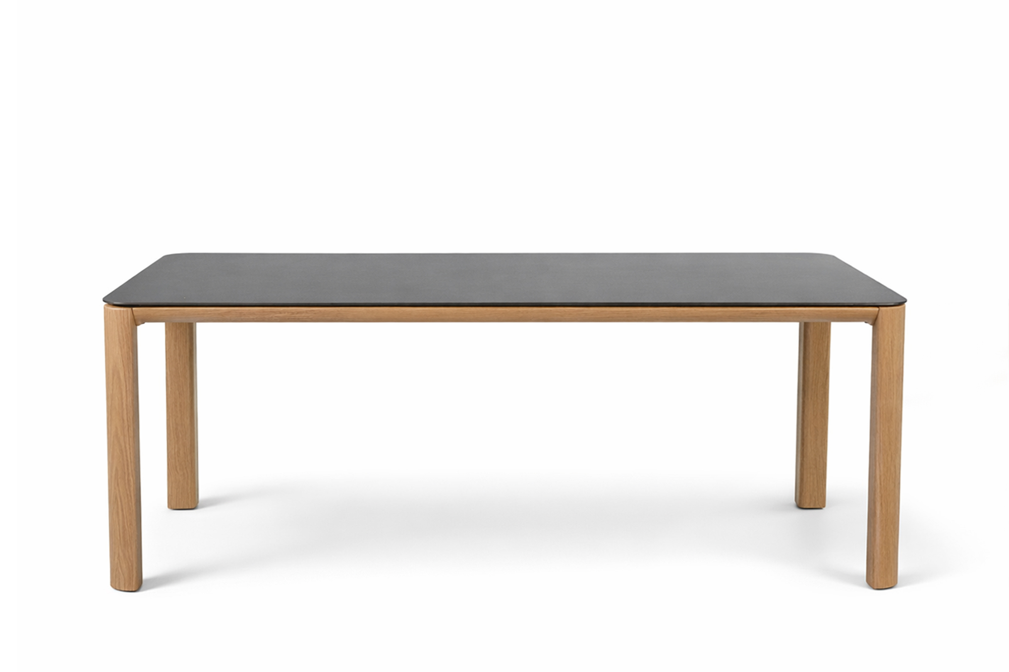 Une Spisegruppe 200x90 med 6 Une spisestoler greige oaktekstil puter varmgrå granitt topp-oakshield ramme