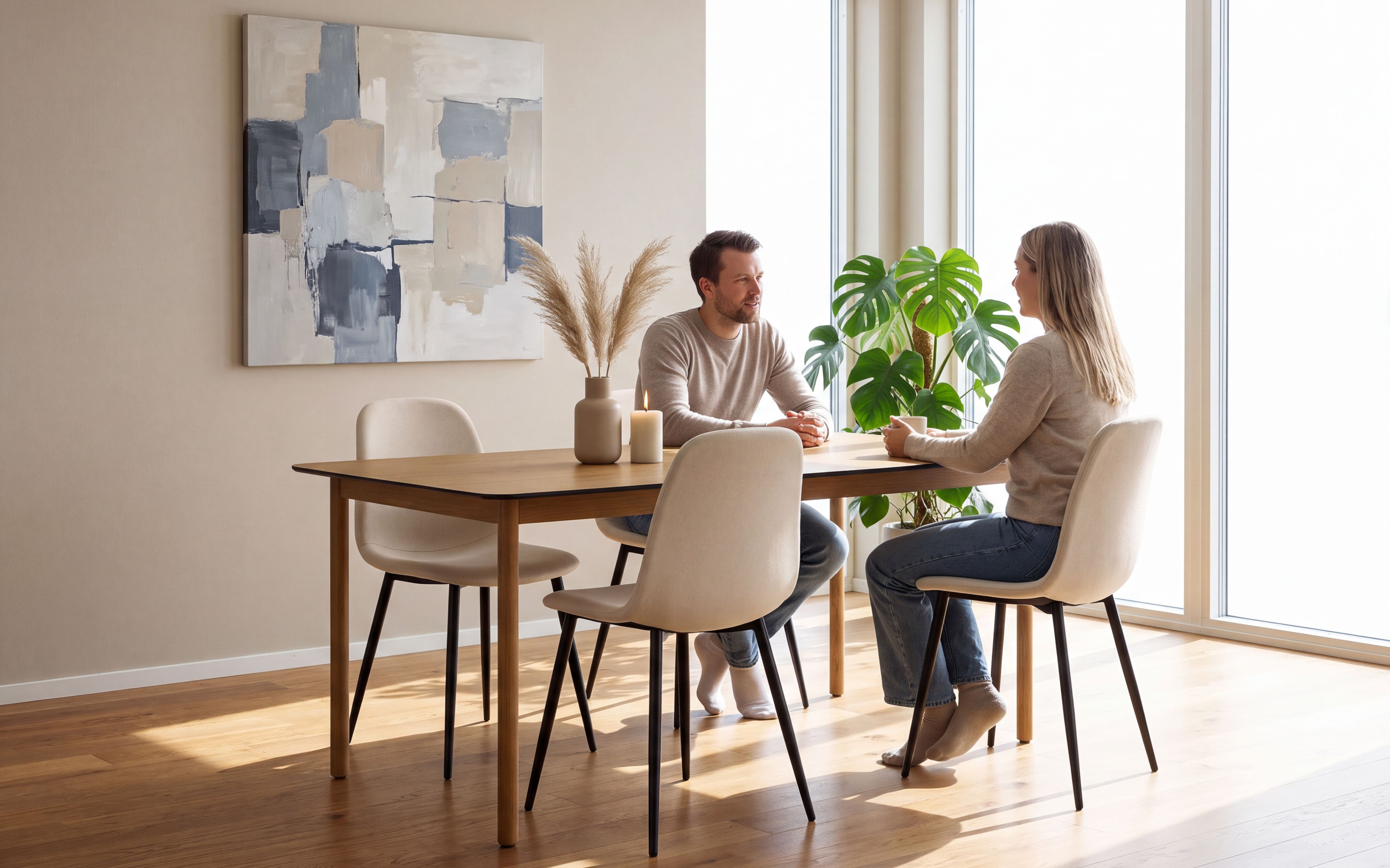 Mina spisegruppe 160x90 med Lykke spisestoler beige