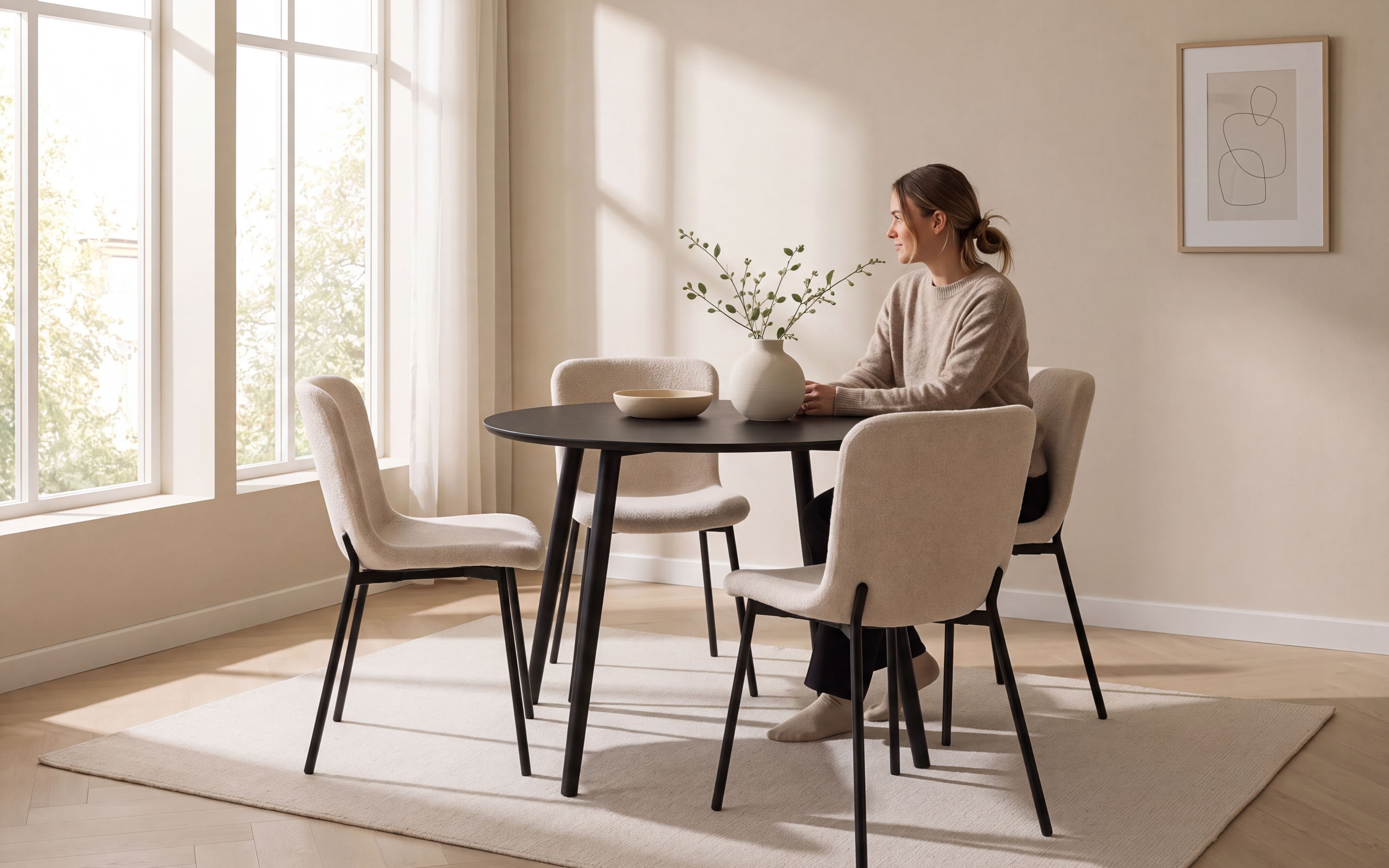 Linnea rund spisegruppe D100-180 sort med Selma spisestoler beige