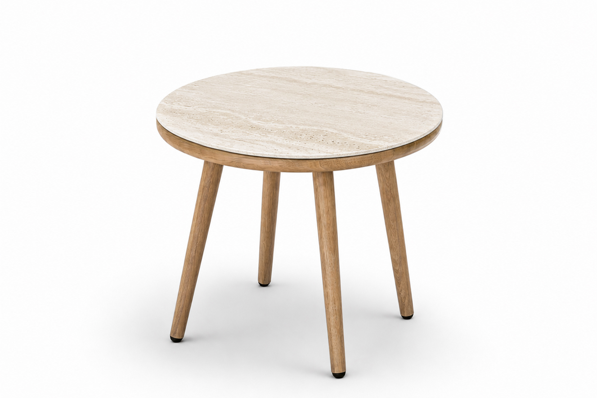 Lind rundt sidebord D50x45 med Teak OakShield aluminium og travertine nature sinterstone topp