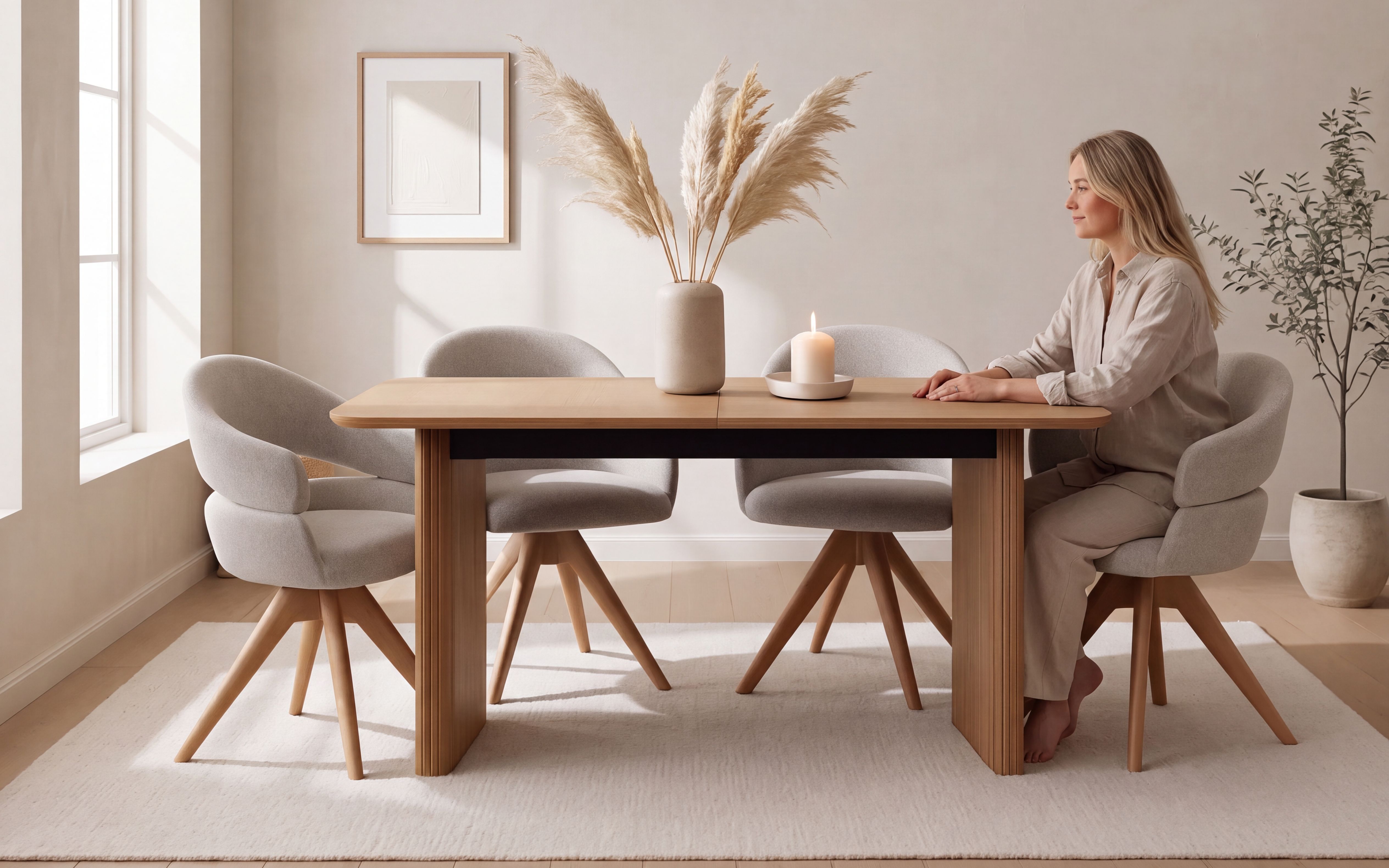 Birk spisegruppe 160-205cm natur med Vera spisestoler beige
