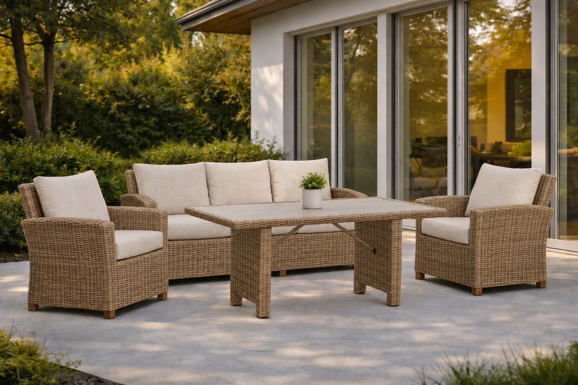 Noah Hagegruppe 3+1+1+ Høyt Bord Keramisk glasstopp-Natur flett Natur beige puter