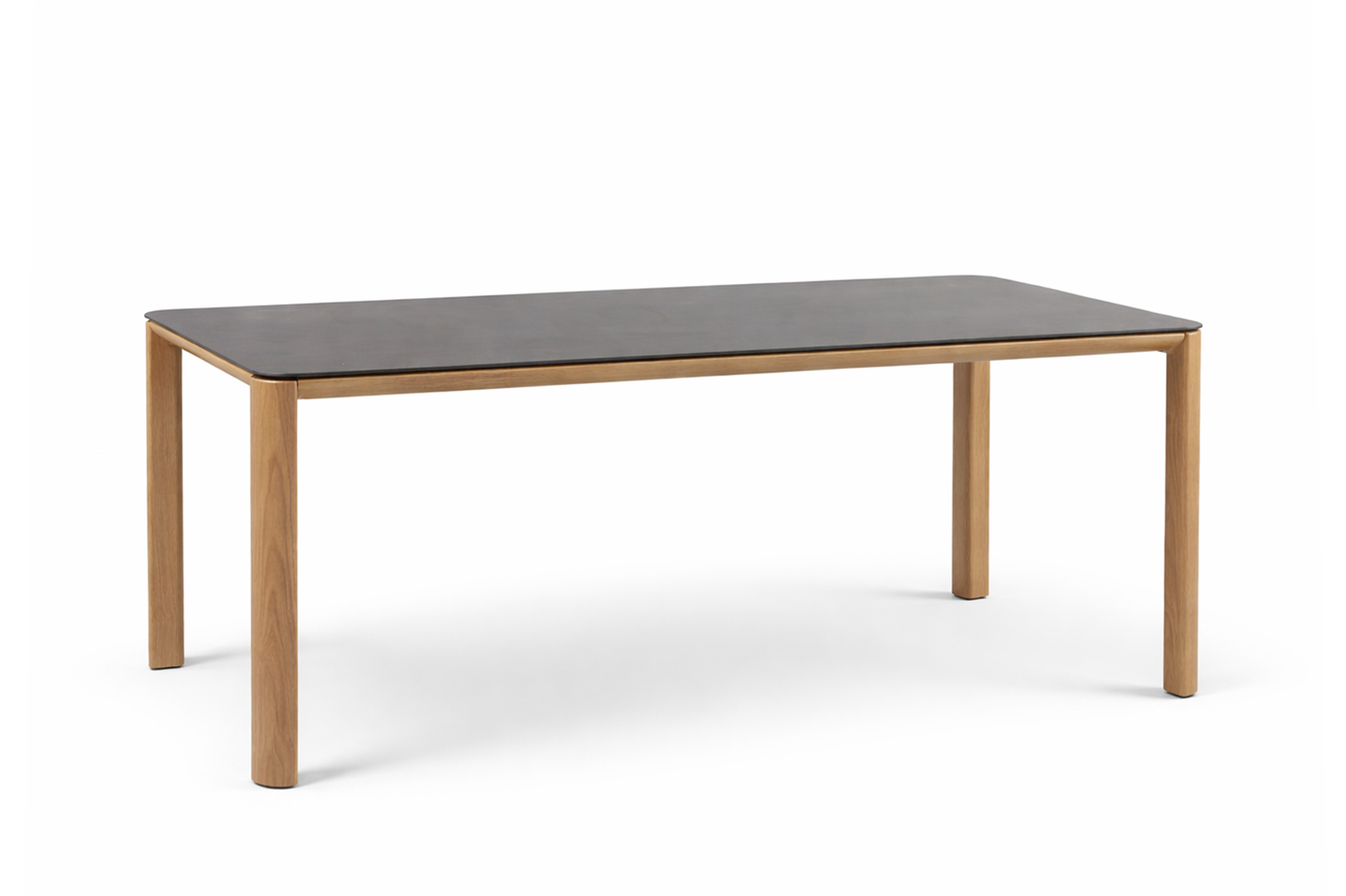 Une Spisegruppe 200x90 med 6 Une spisestoler greige oaktekstil puter varmgrå granitt topp-oakshield ramme