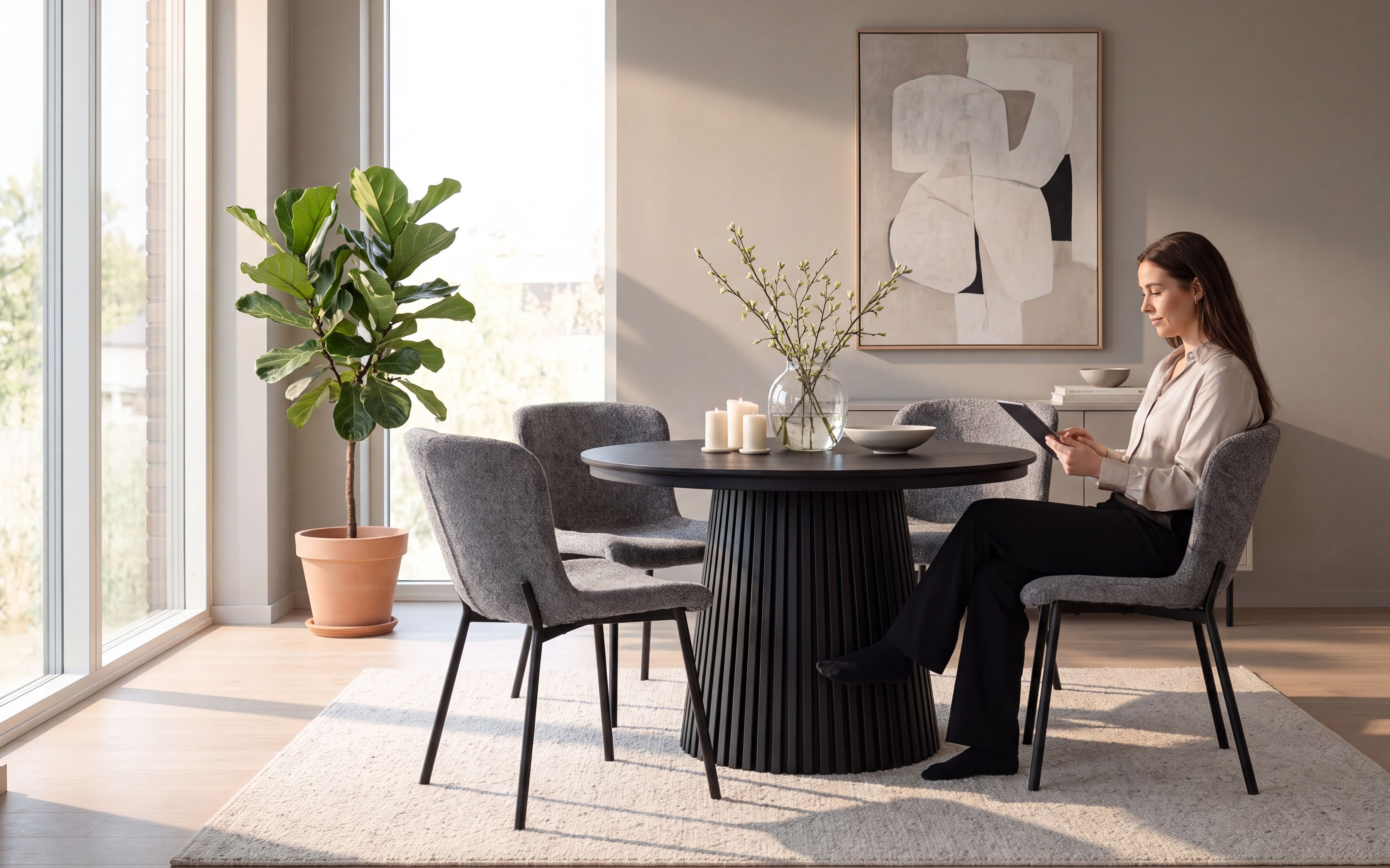 Olivia spisegruppe D120-200 sort med 4 Selma spisestoler grå