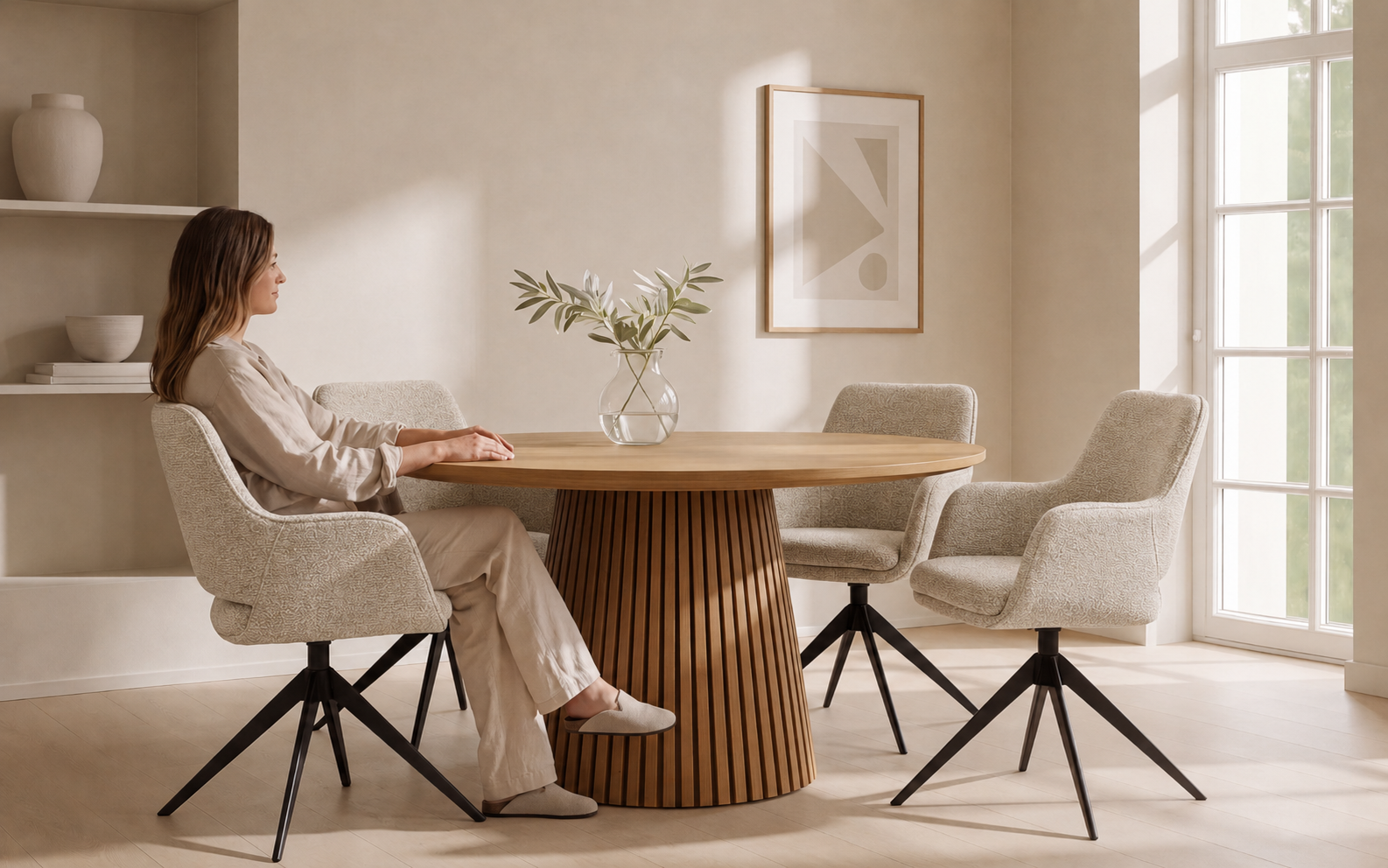 Olivia spisegruppe D135-400 natur med 4 Ane spisestoler beige