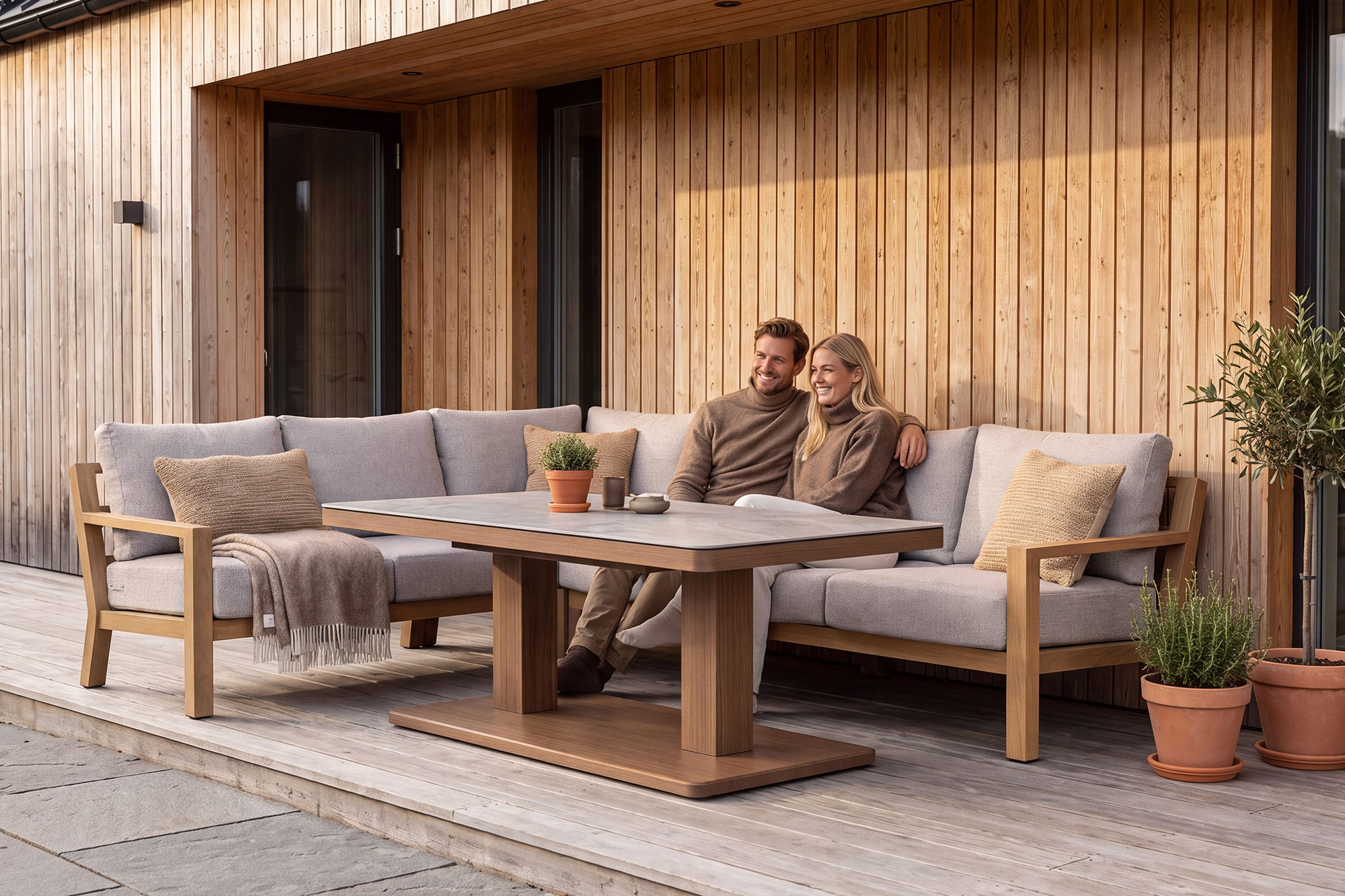 Stanford Hjørnegruppe med Stanford heve senke bord OakShield aluminium med Greige Oaktekstil puter miniatyr 2