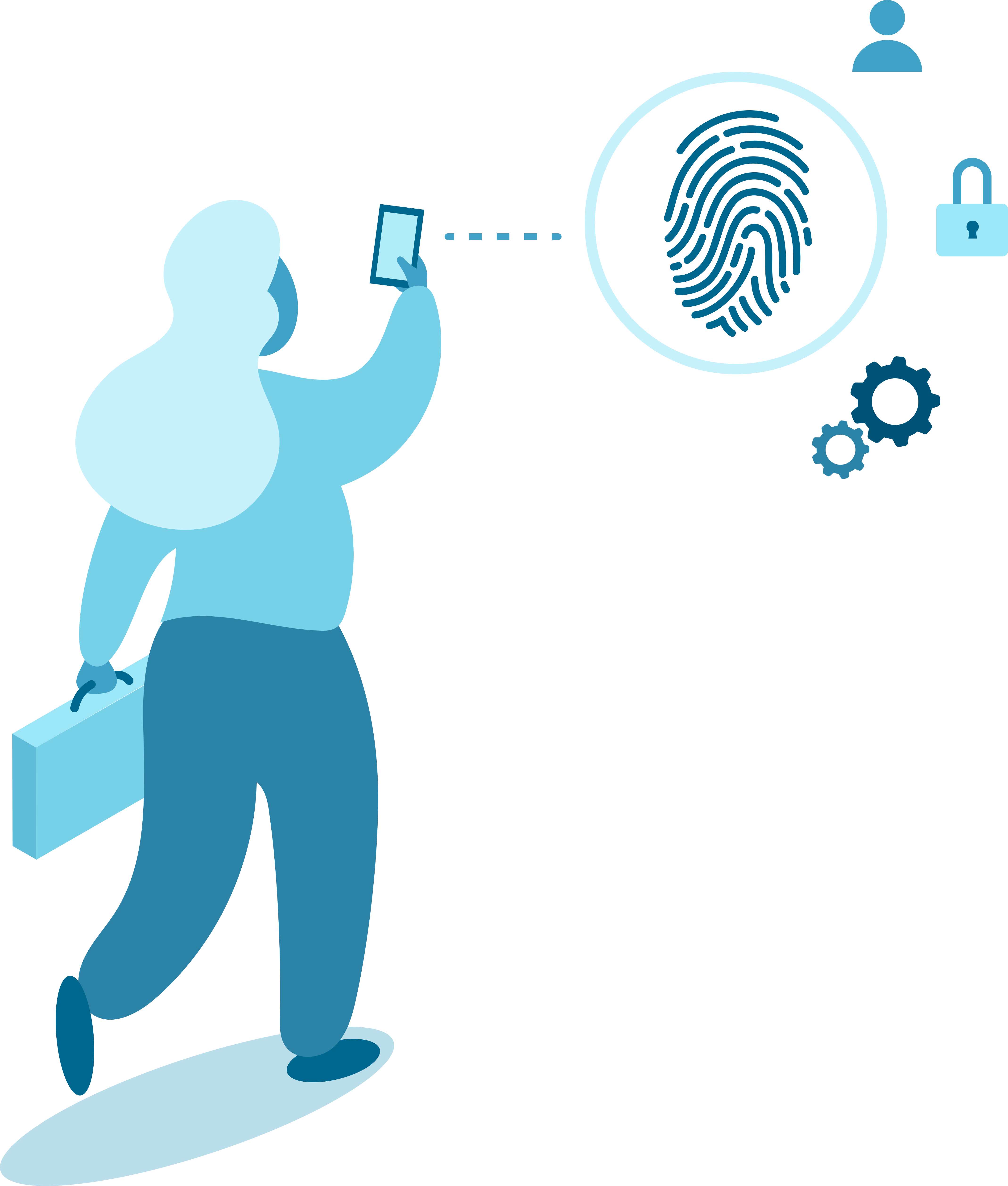 Woman holding up cellphone with surrounding fingerprint, user, lock, and settings icons