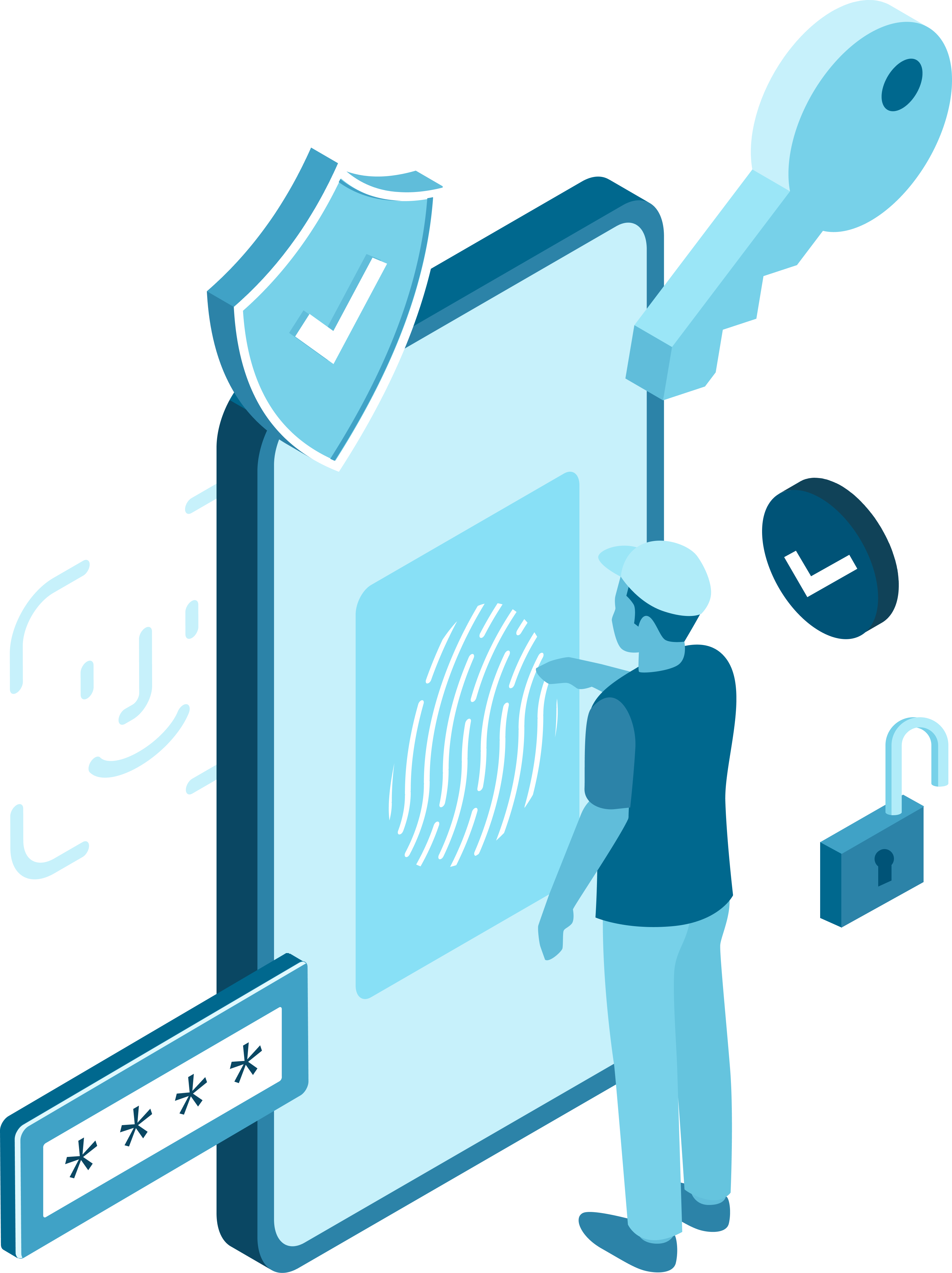 Man touching large fingerprint verification screen on mobile phone with floating security shield, face recognition, password bar, key, checkmark, and open padlock