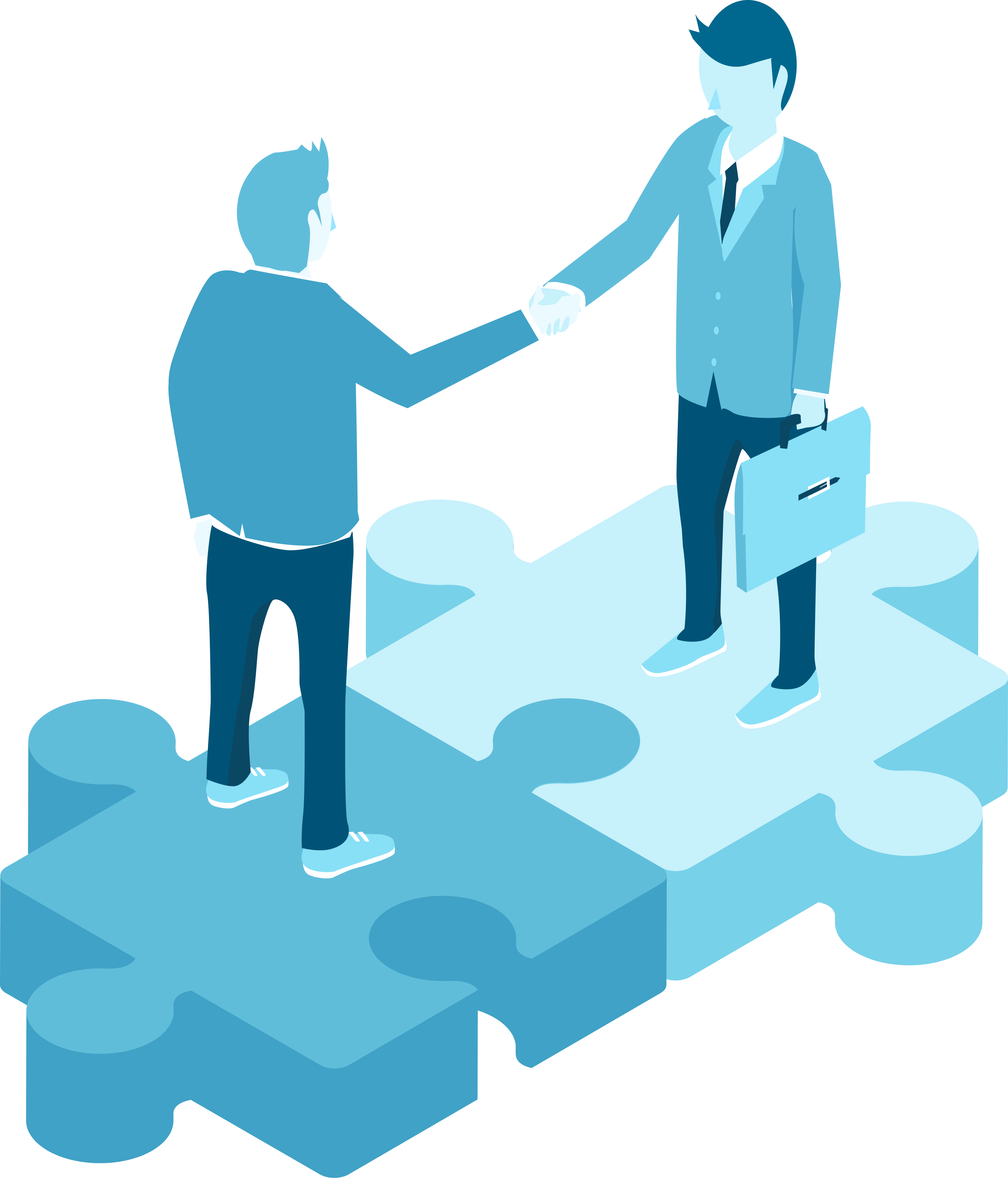 Two business men shaking hands atop connected puzzle pieces