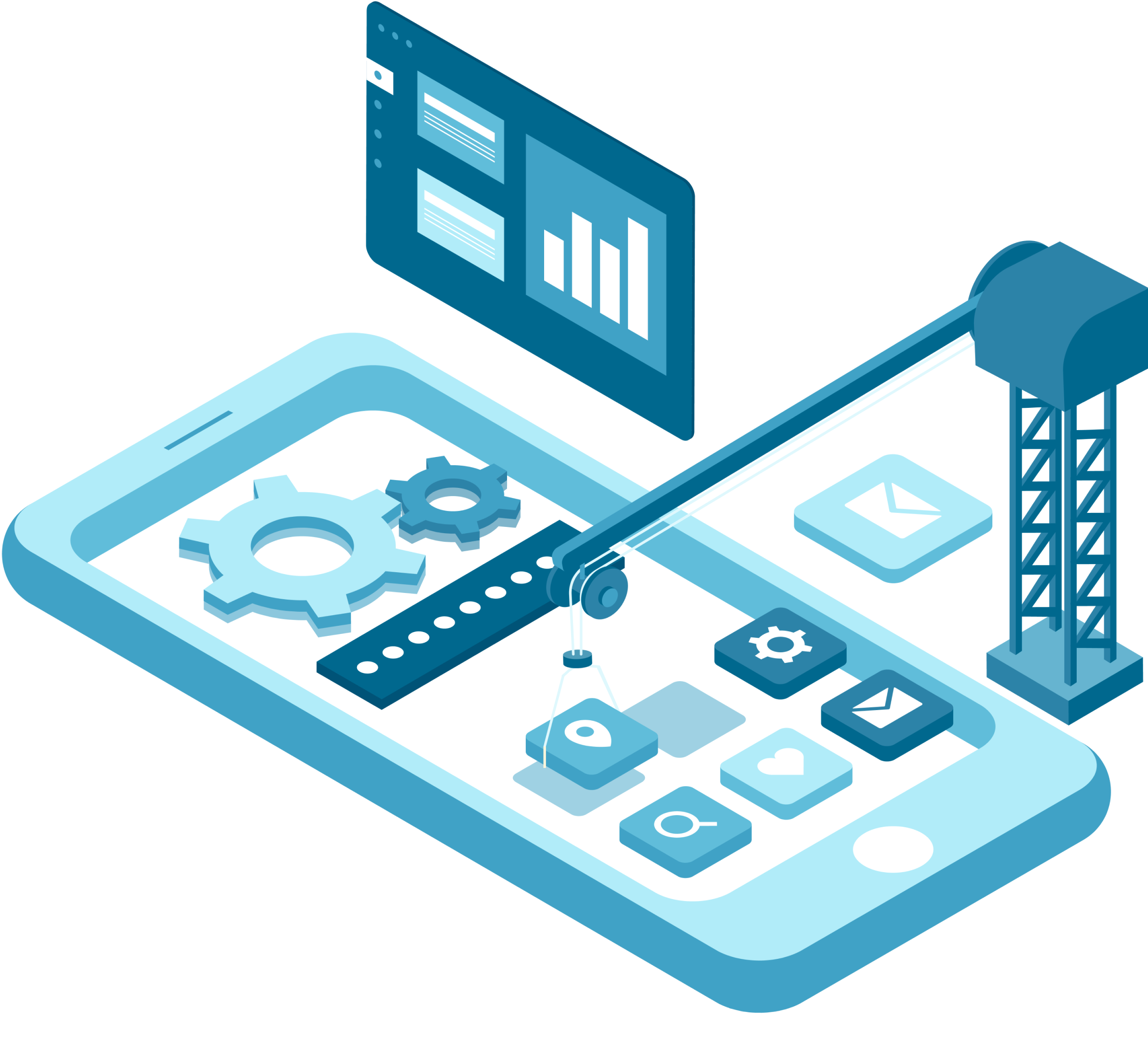 Lying mobile phone with bar chart screen above, cogwheels, password input bar, and and crane moving app icons