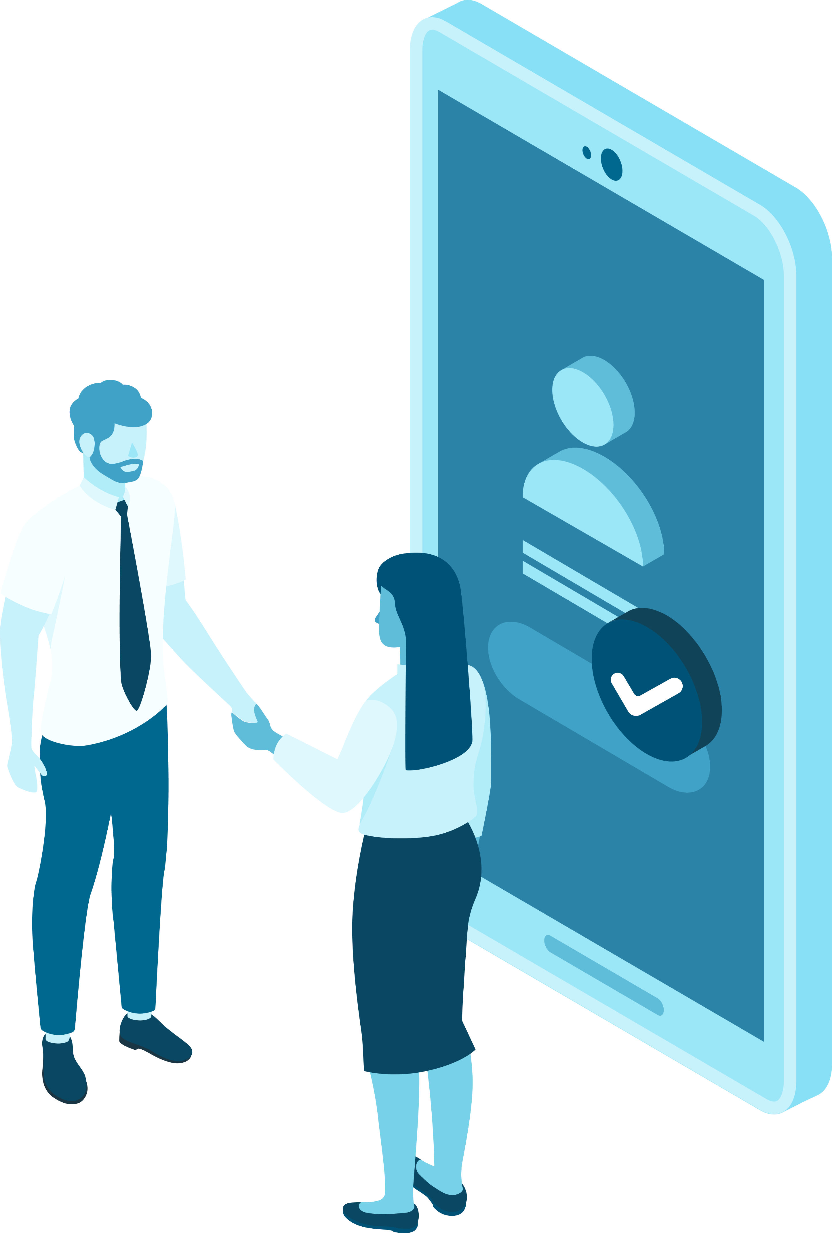 Business man and woman shaking hands in front of mobile phone with login screen and checkmark