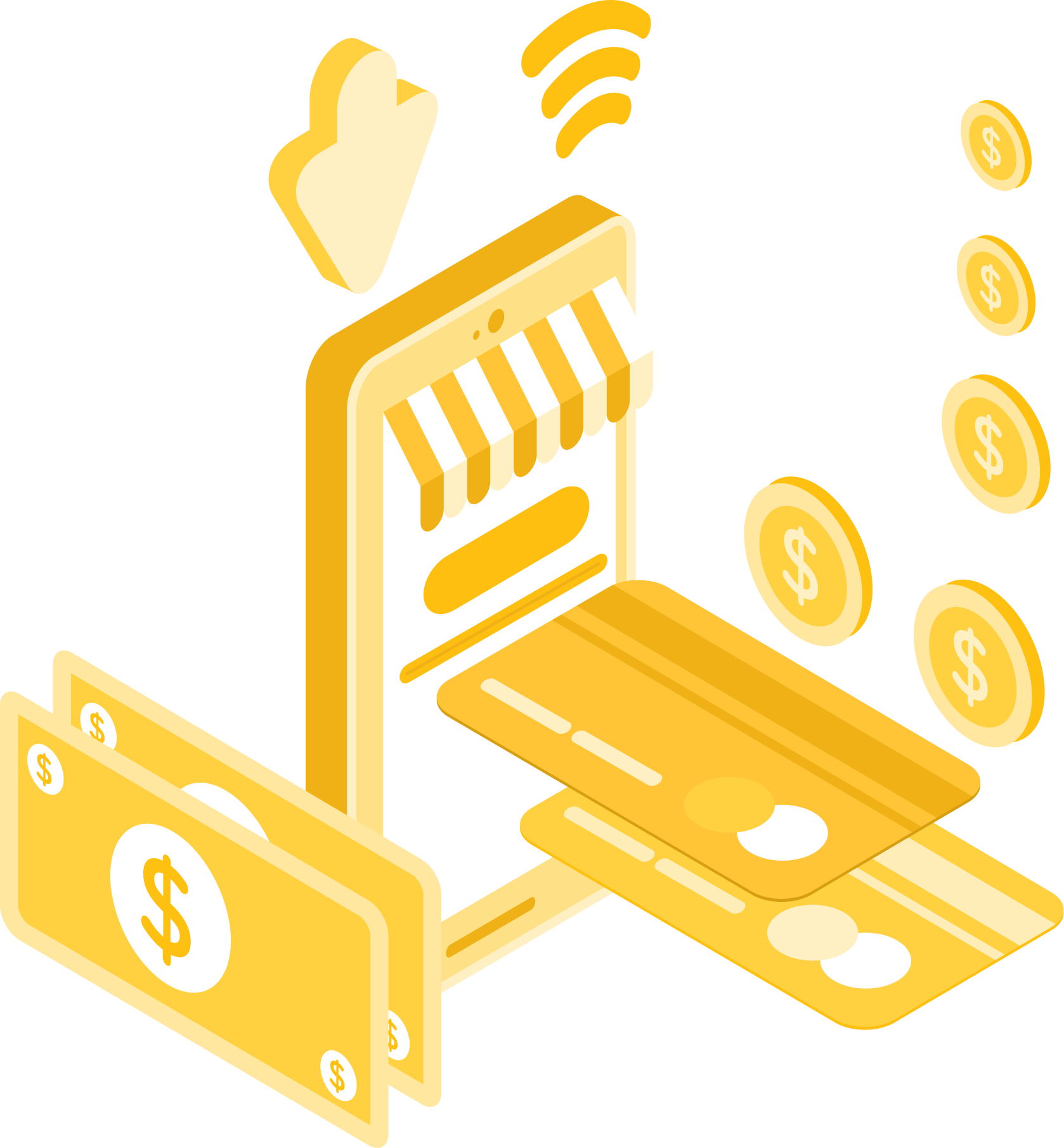 Floating coins, downward arrow, wifi symbol, credit cards, and cash surrounding smartphone with shop awning