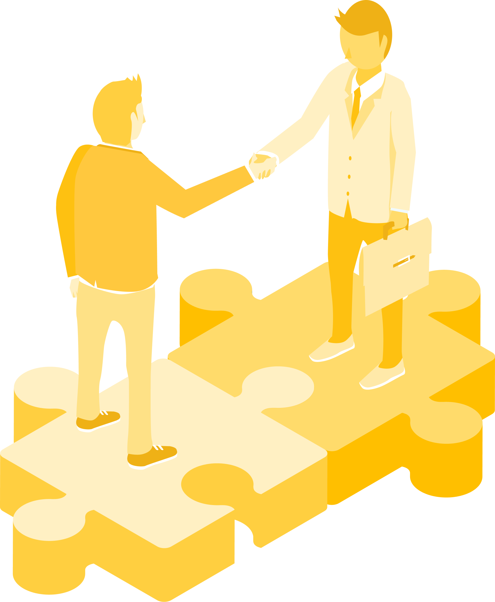 Business men shaking hands atop connected puzzle pieces