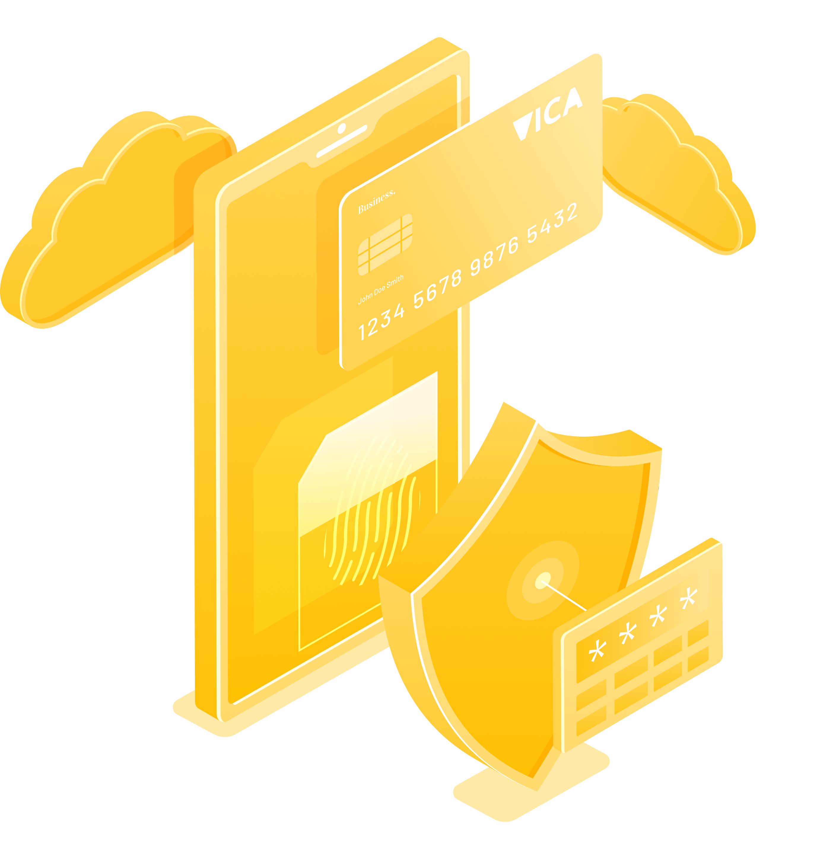 Mobile phone in the cloud with a floating chip verification credit card, biometric fingerprint, security shield, and password screen