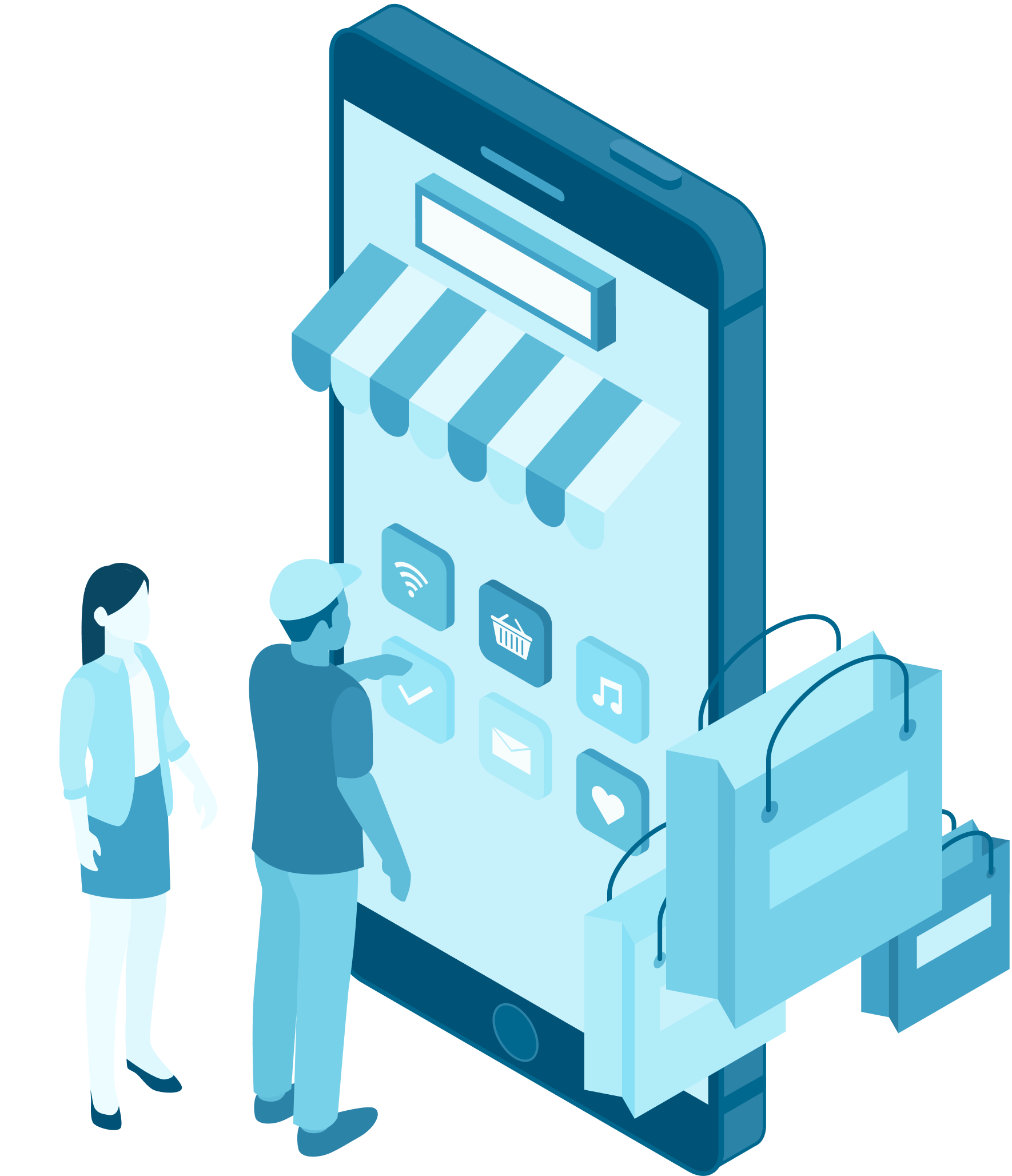 Man and woman standing in front of mobile phone with webstore awning, shop sign, application icons, and floating shopping bags