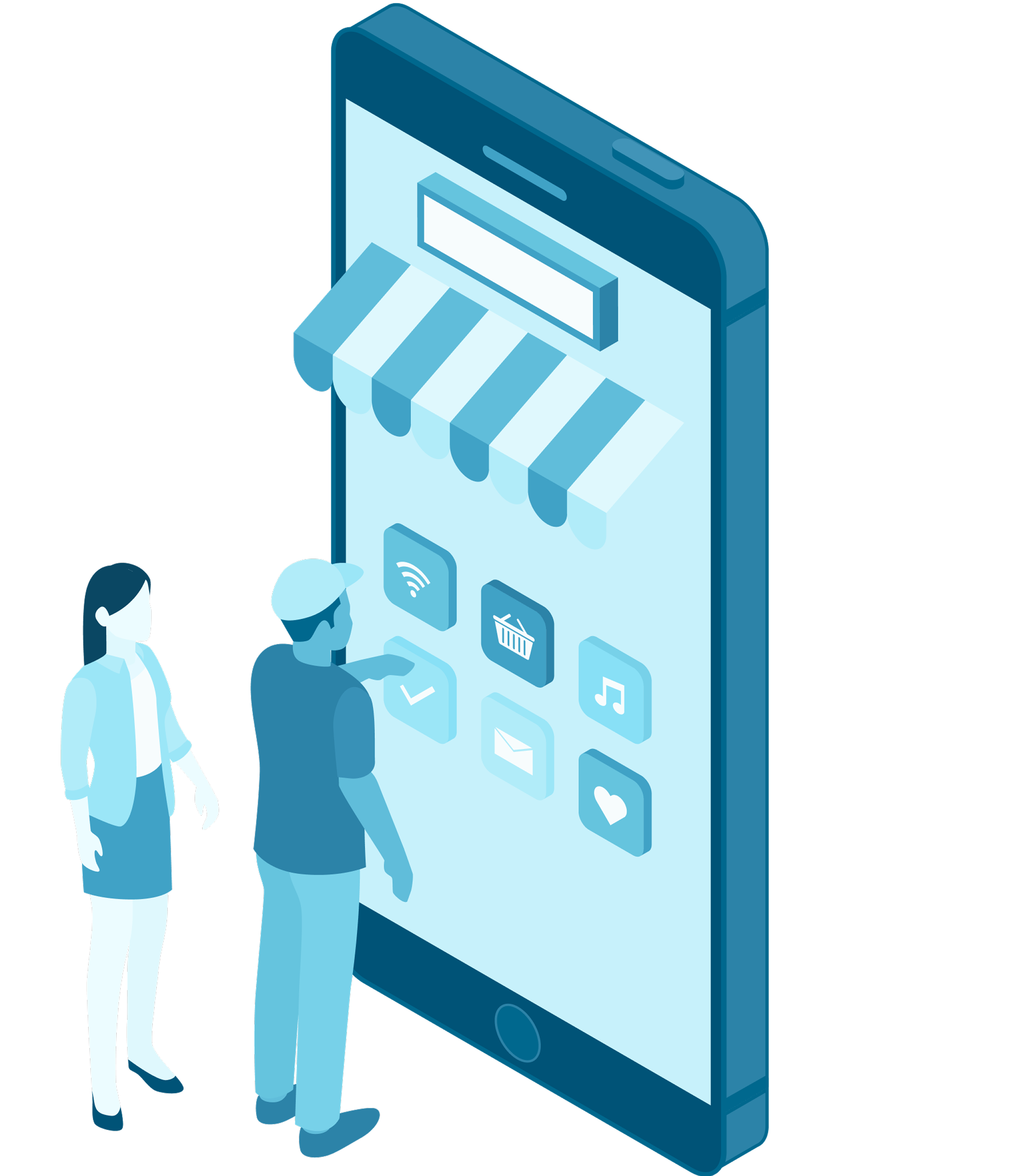 Two person in front of a phone screen selecting application management services