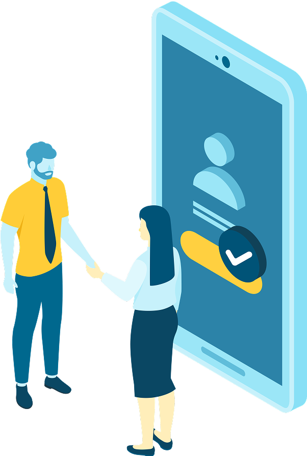 Illustration of two people handshake in front of a phone with login screen