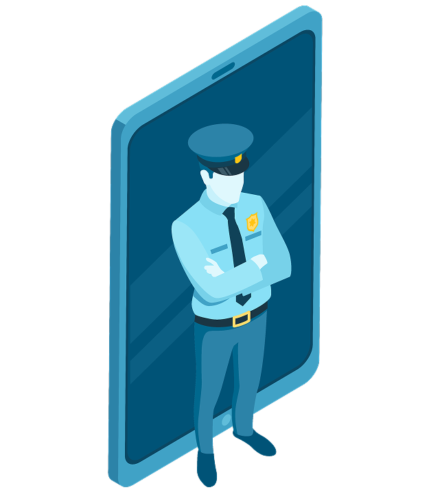 Illustration of a Security guard in front of a phone